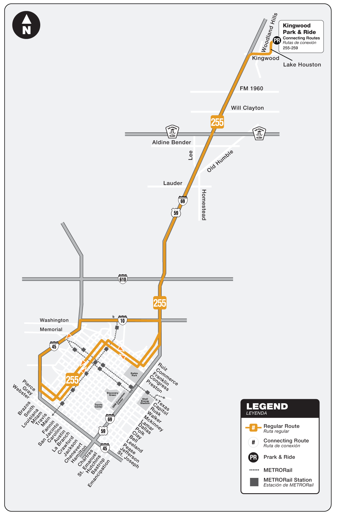 Route map for the 255 Kingwood Park & Ride bus
