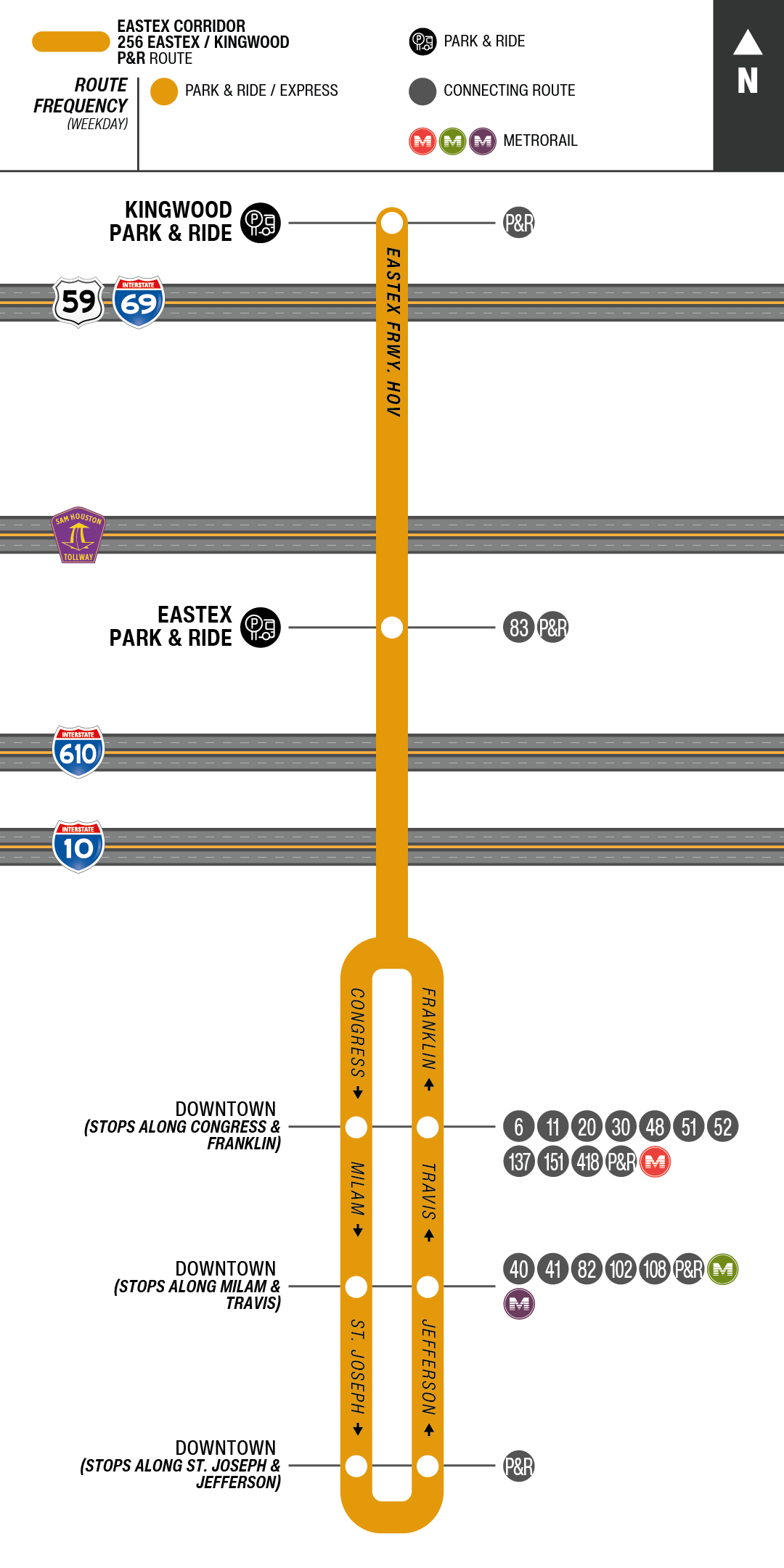 Route map for 256 Eastex / Kingwood Park & Ride bus