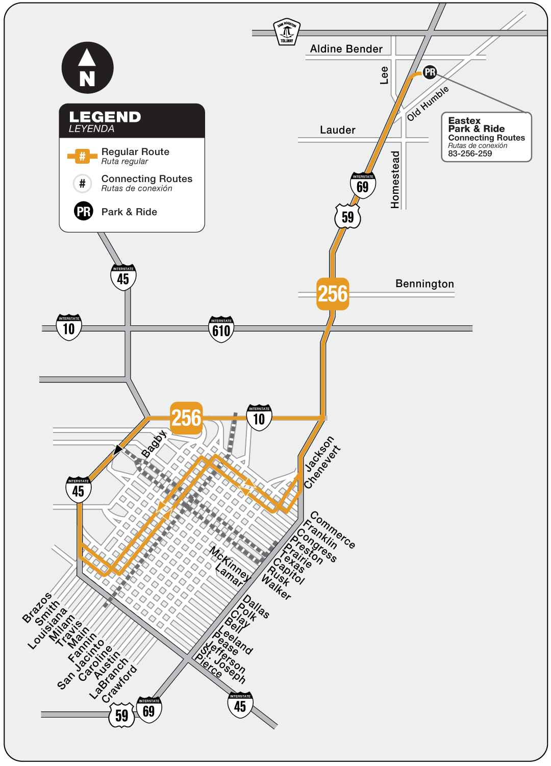 Route map for 256 Eastex Park & Ride bus