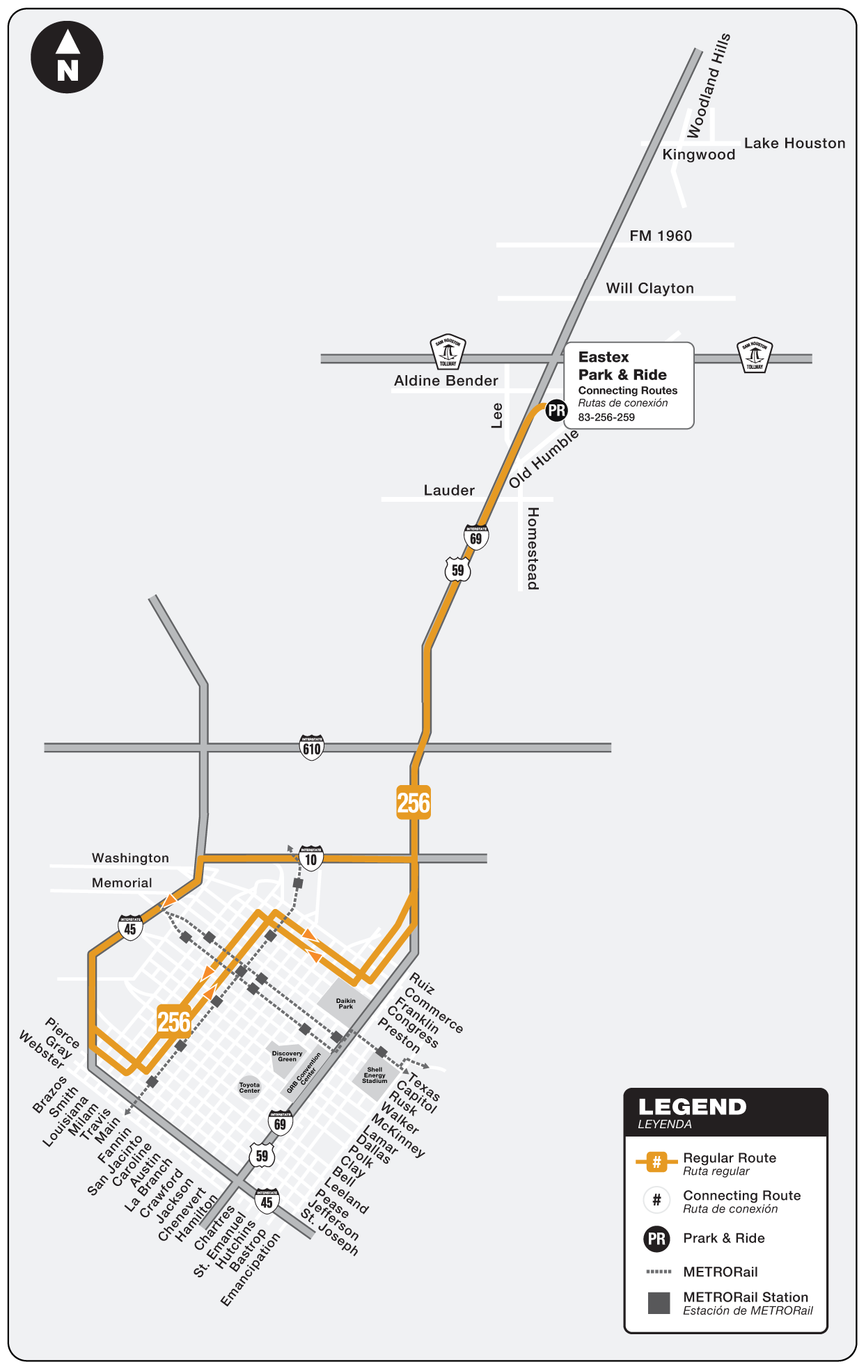 Route map for 256 Eastex Park & Ride bus.