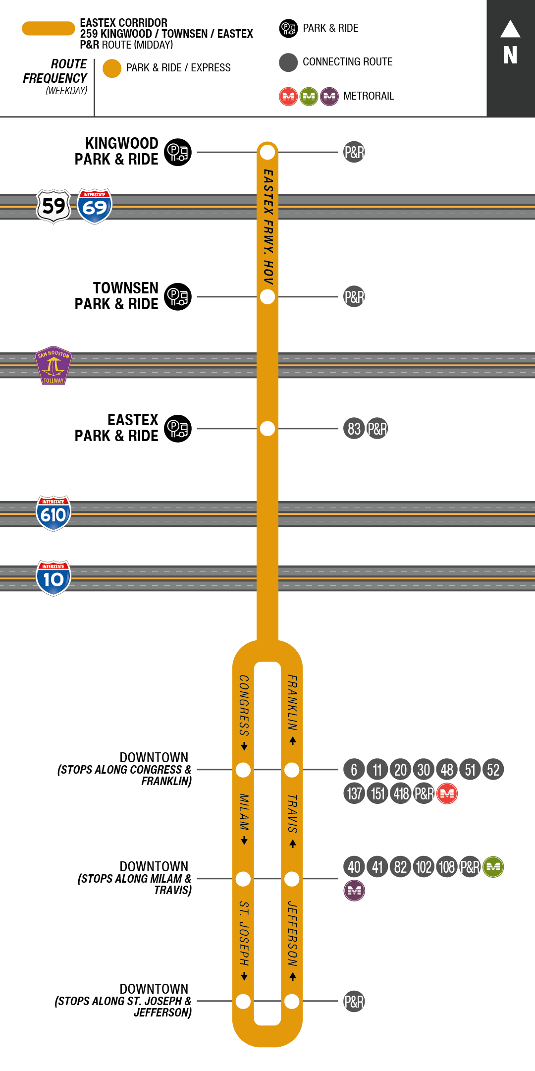 Route map for 259 Kingwood / Townsen / Eastex Park & Ride bus