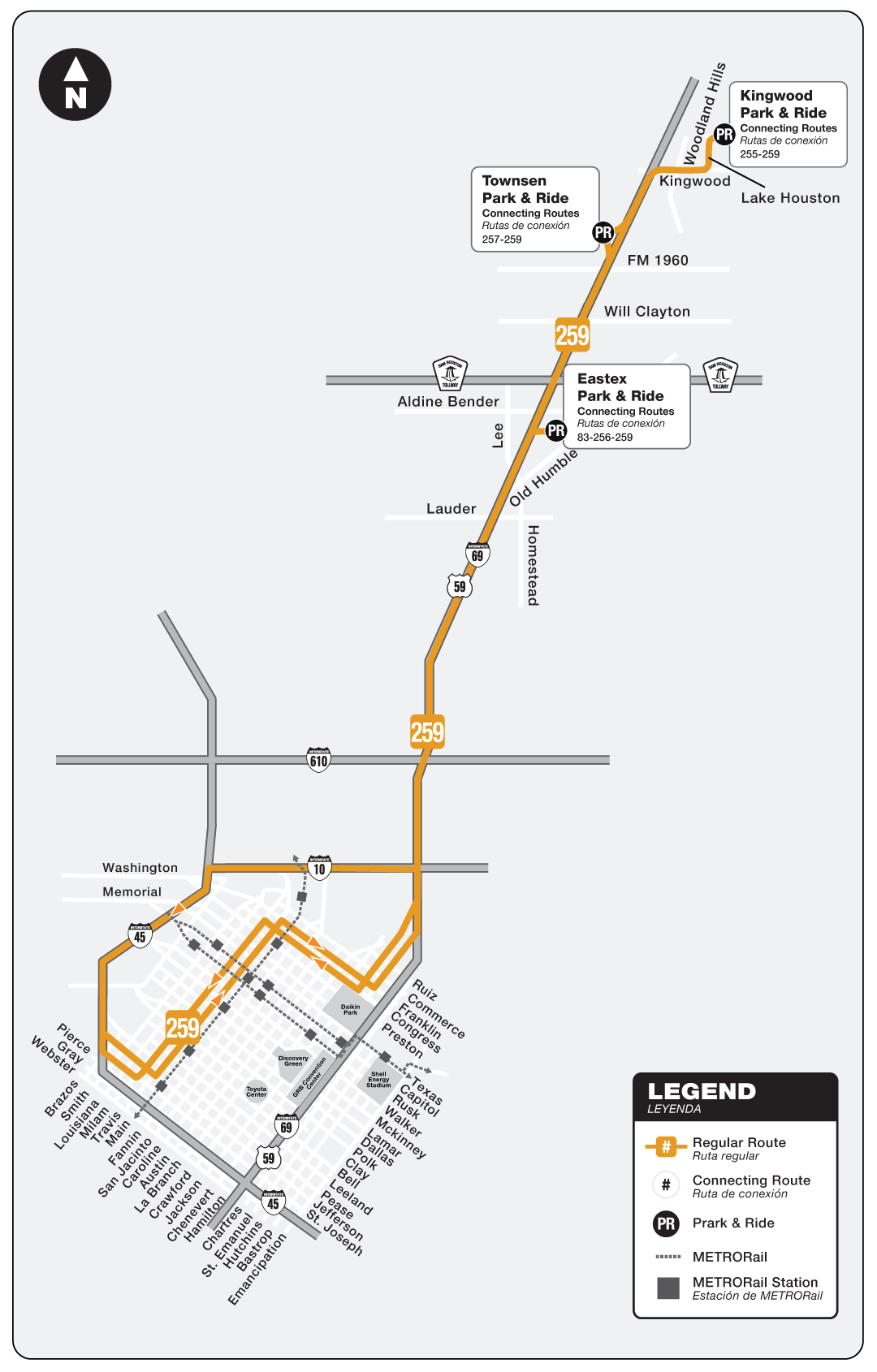 Route map for 259 Kingwood / Townsen / Eastex Park & Ride bus