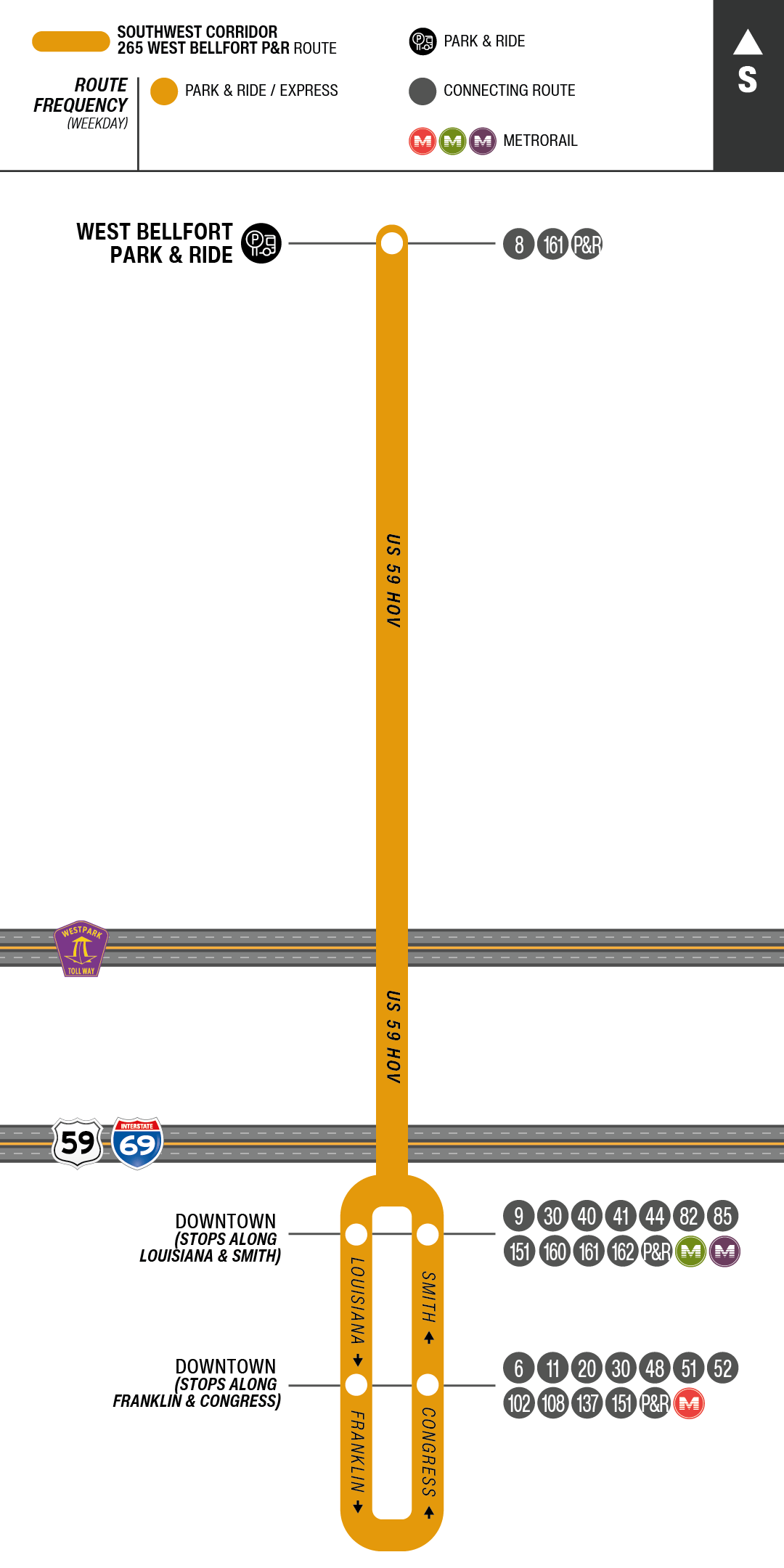 Route map for 265 West Bellfort Park & Ride bus