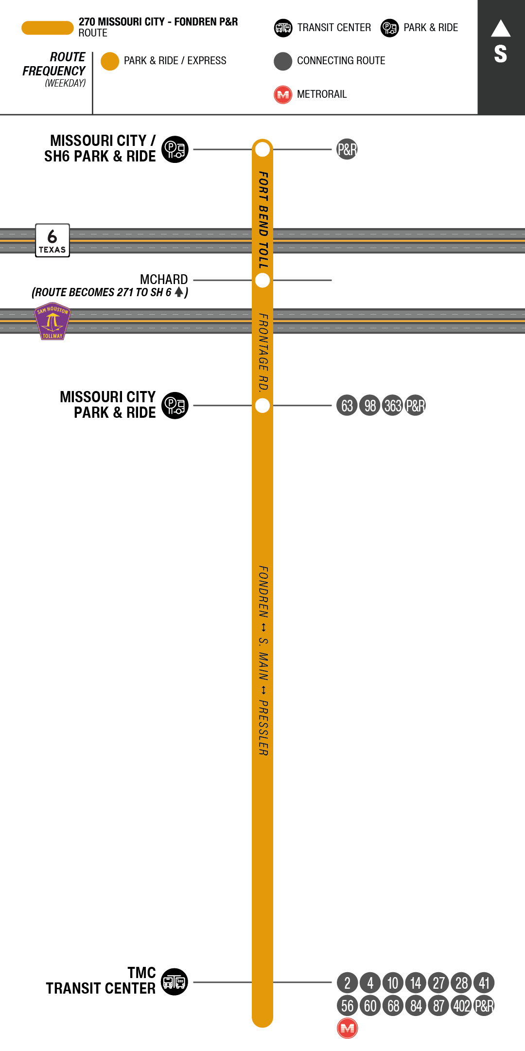 Route map for 270 Missouri City - Fondren Park & Ride bus