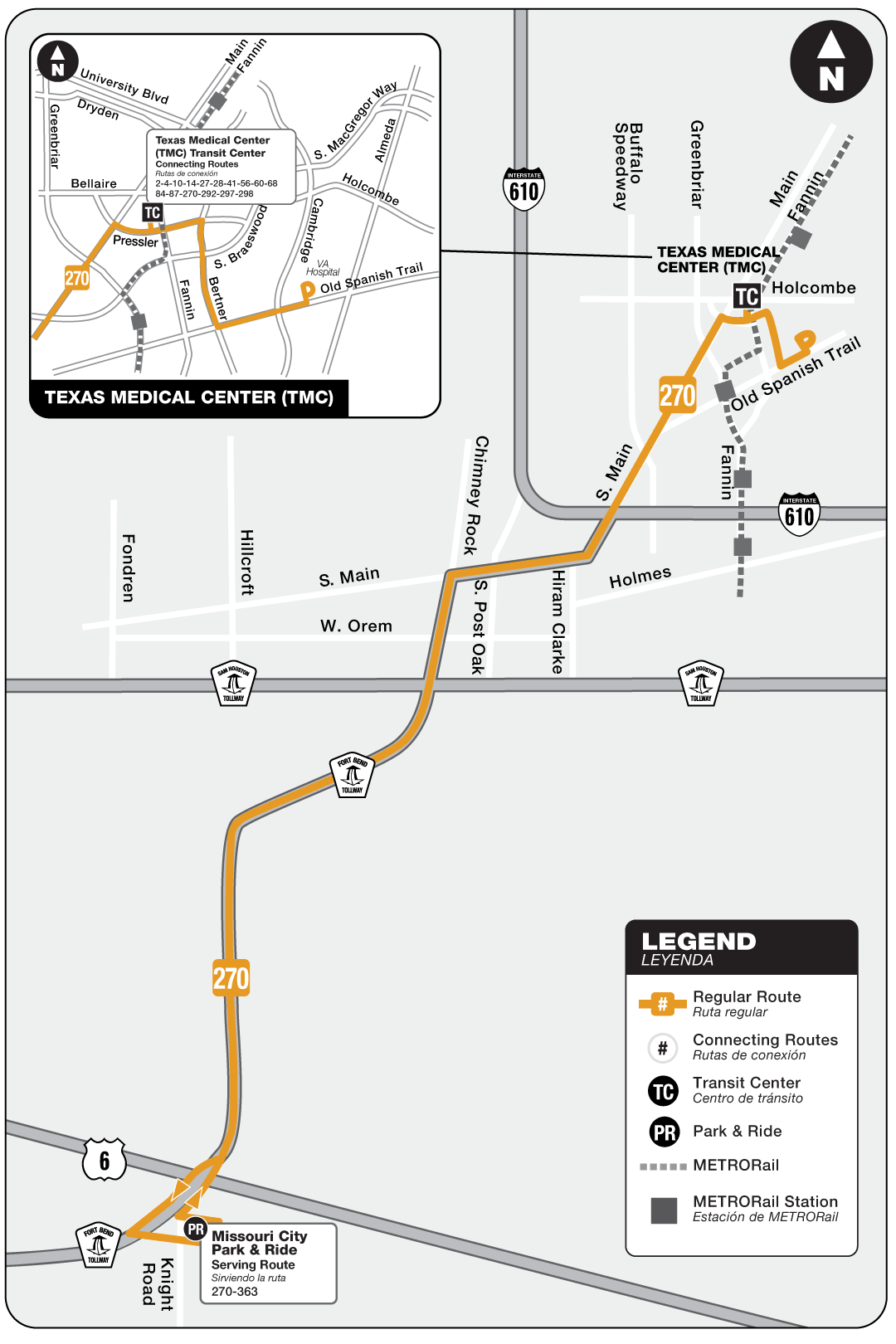 Route map for 270 Missouri City Park & Ride bus