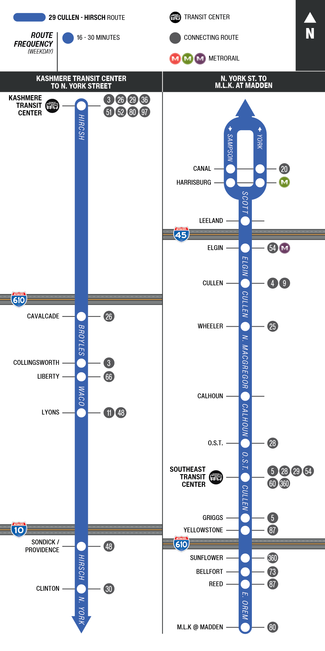 Route map for 29 Cullen / Hirsch bus