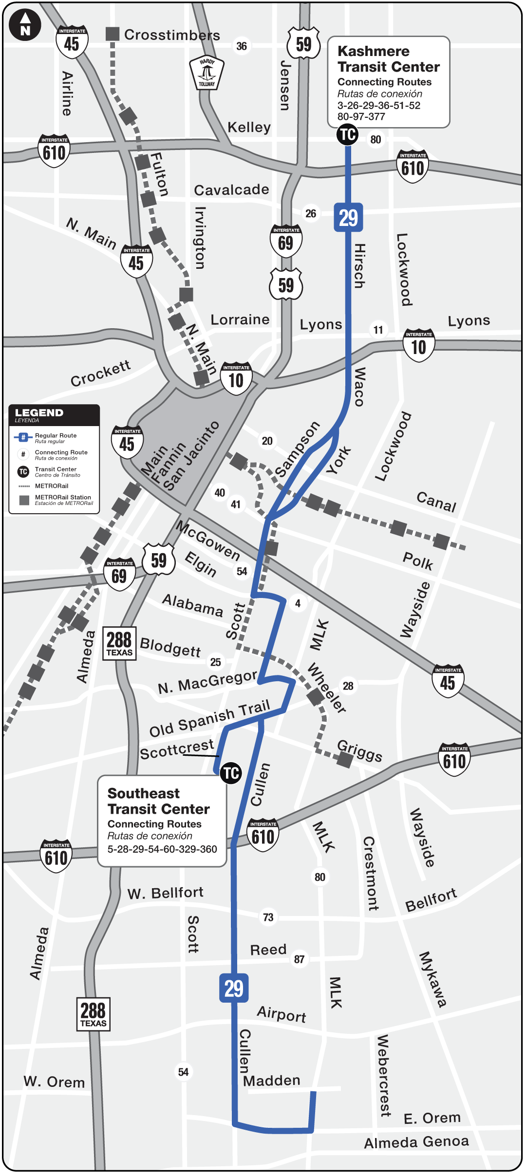 Route map for 29 Cullen / Hirsch bus.