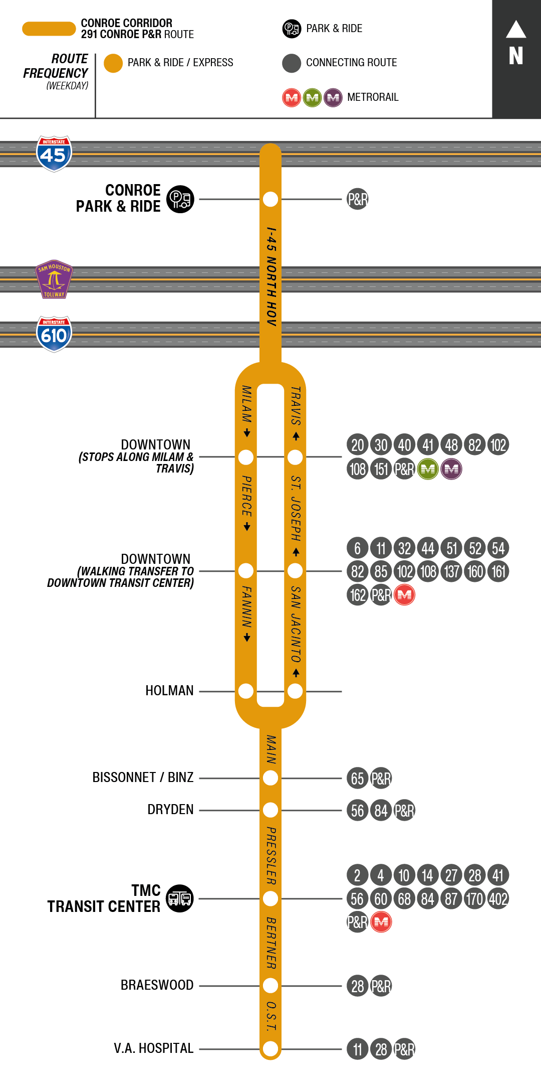 Route map for 291 Conroe Park & Ride bus