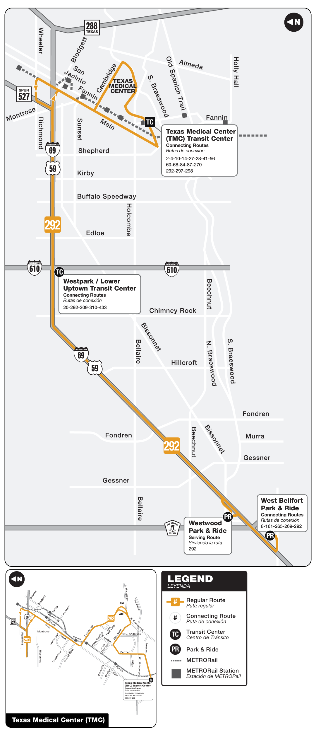 Route map for 292 Southwest Freeway / TMC Park & Ride bus.