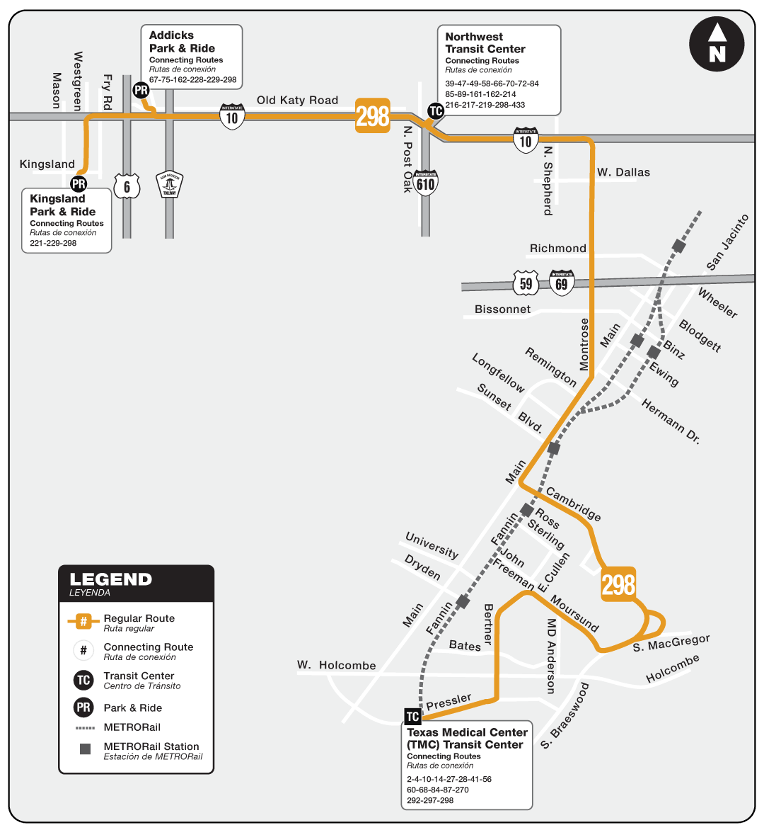 Route map for 298 Katy Freeway / TMC Park & Ride bus