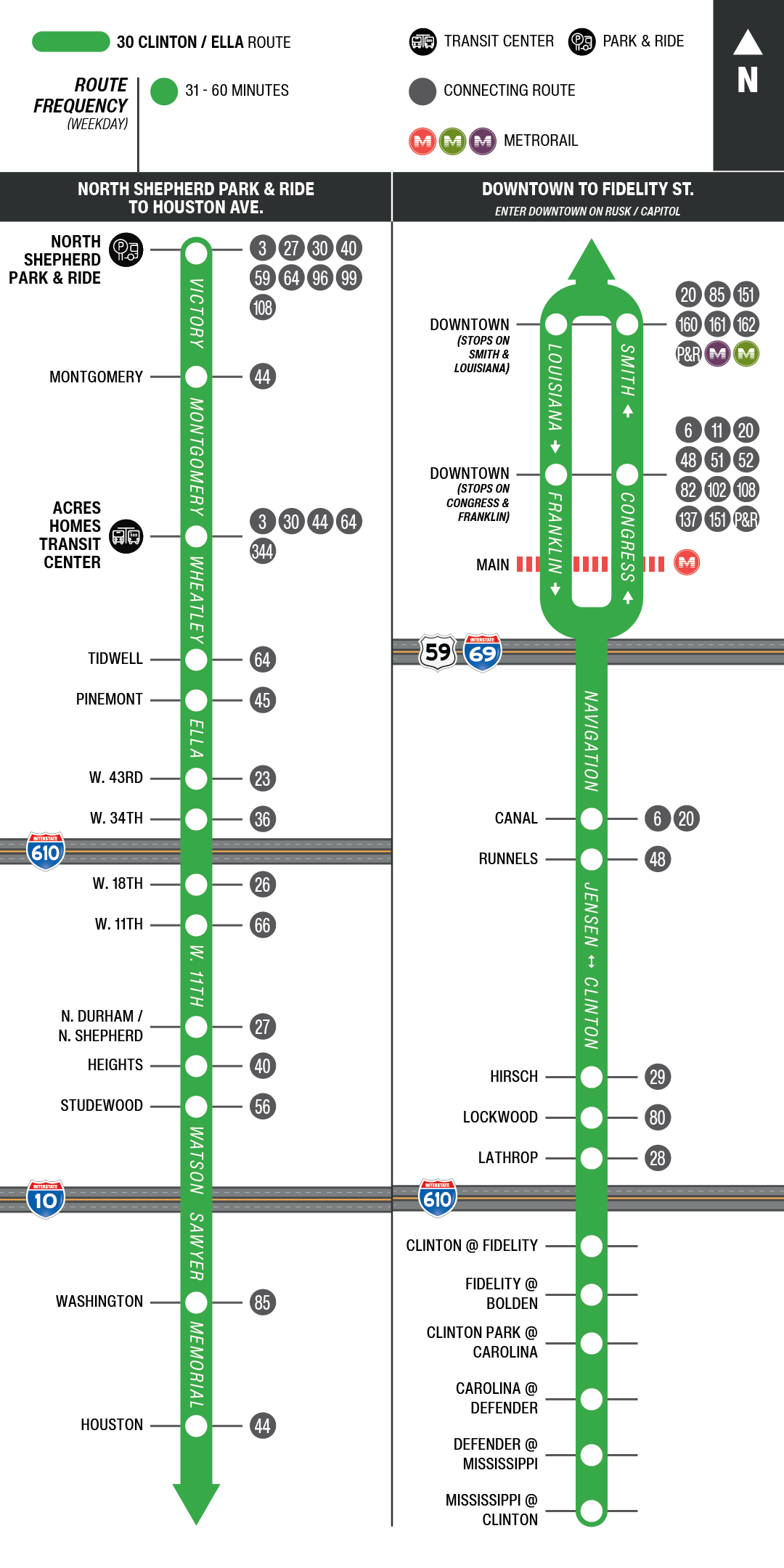 Route map for 30 Clinton / Ella bus