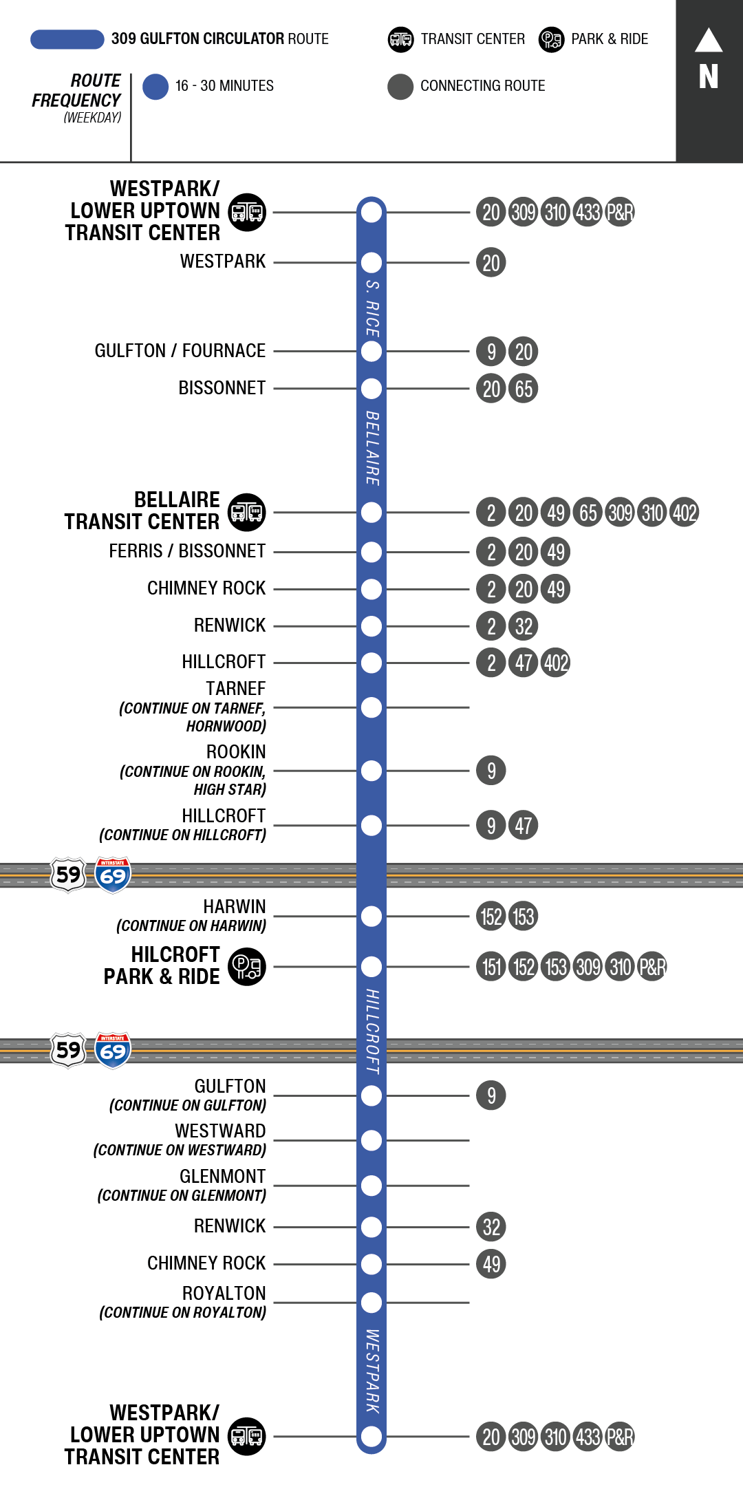 Route map for 309 Gulfton Circulator bus
