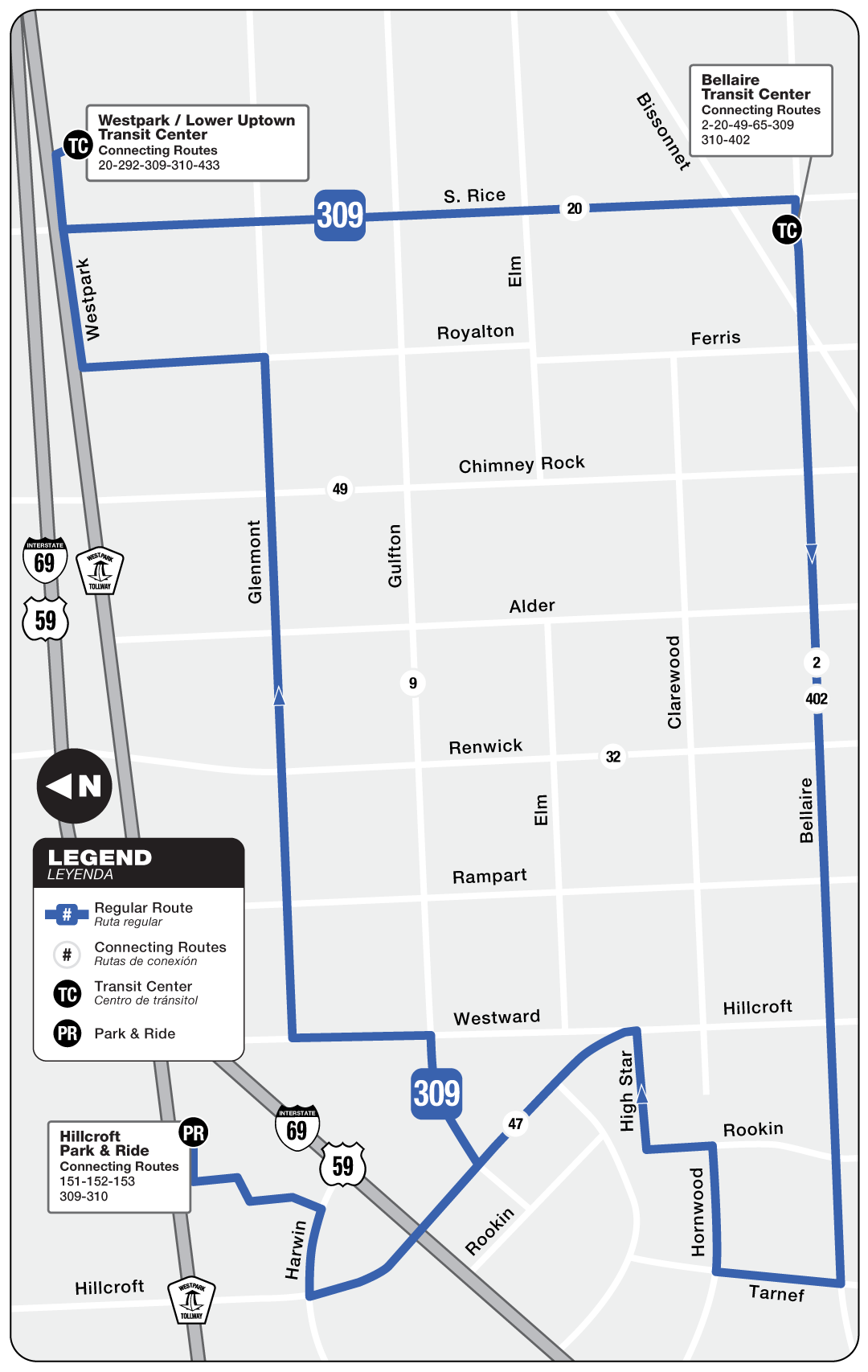 Route map for 309 Gulfton Circulator bus