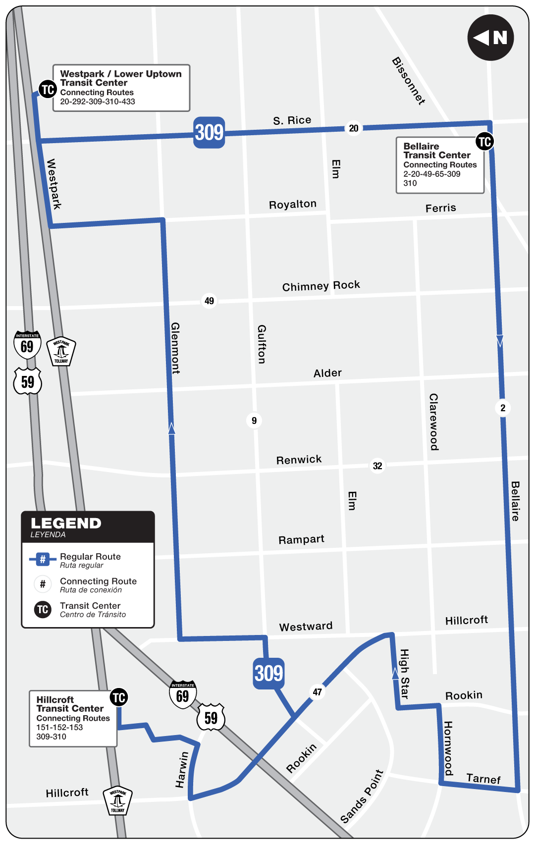 Route map for 309 Gulfton Circulator bus