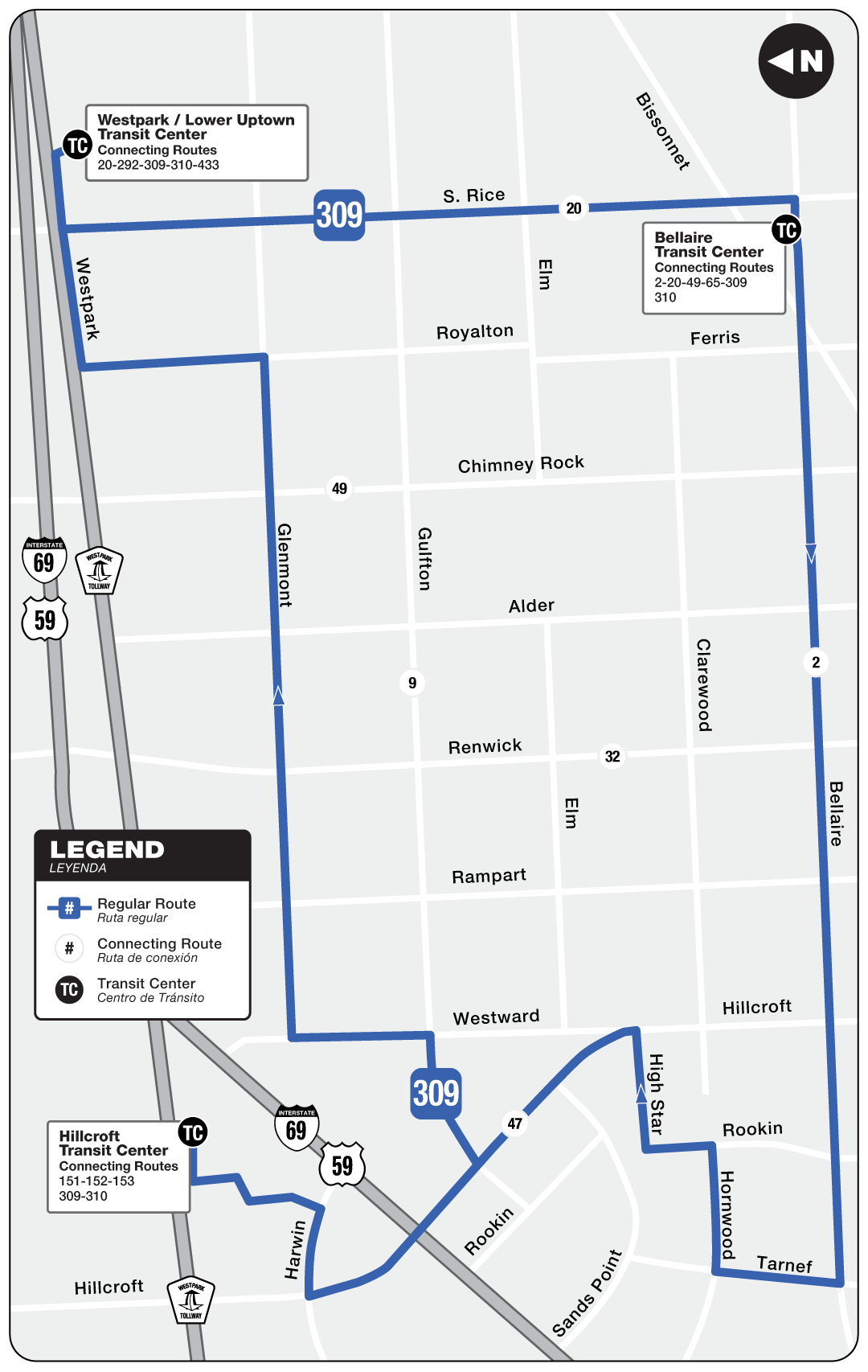 Route map for 309 Gulfton Circulator bus