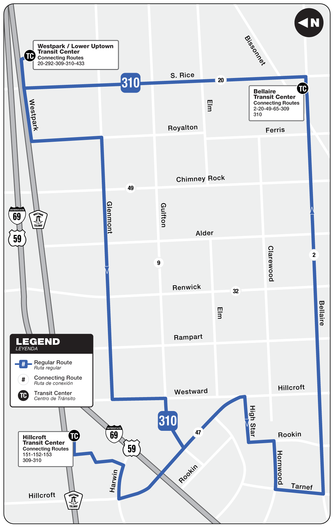 Route map for 310 Gulfton Circulator bus