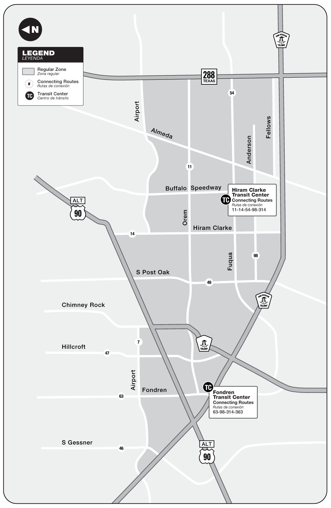 Route map for 314 Hiram Clarke - curb2curb shuttle