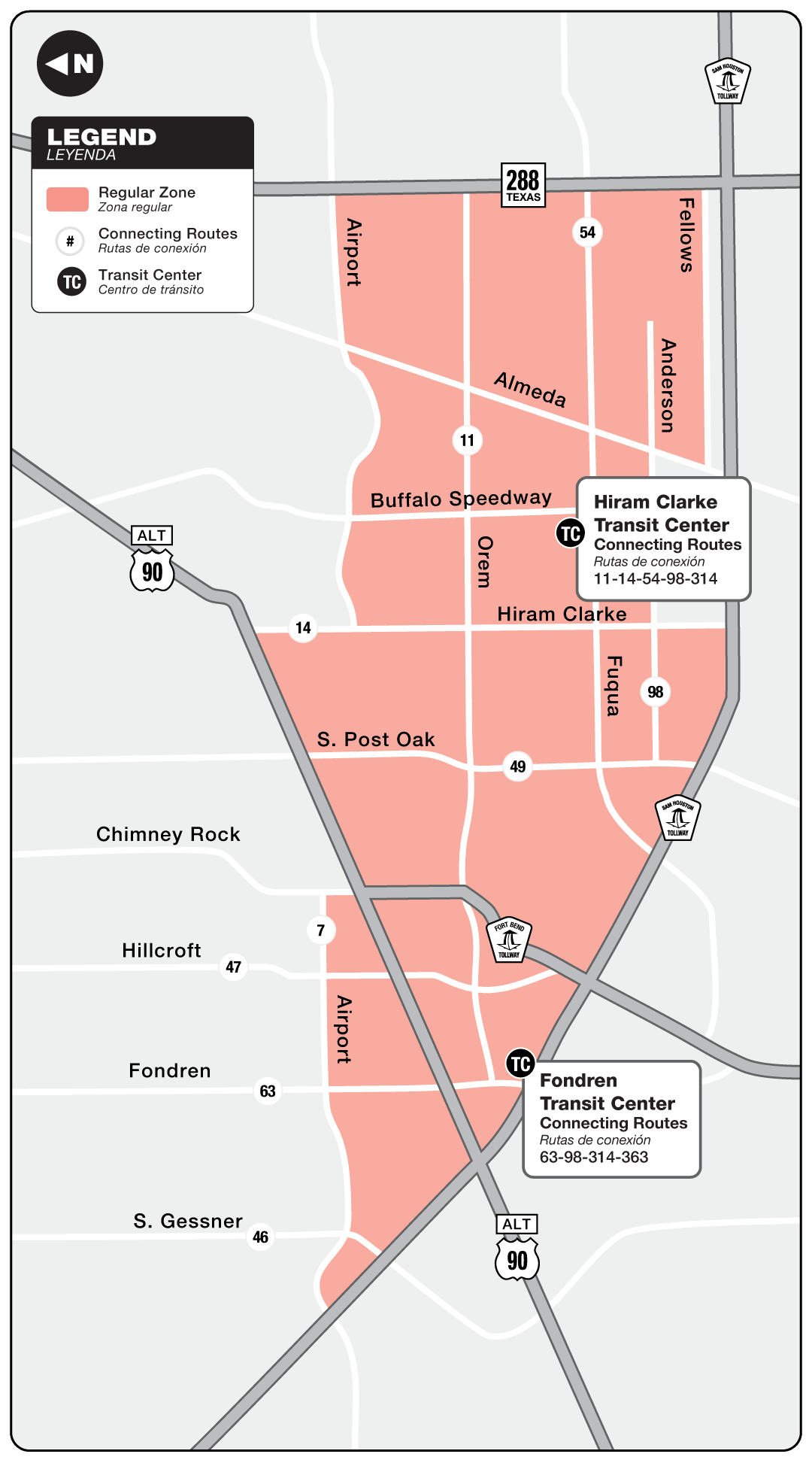 Route map for 314 Hiram Clarke - curb2curb shuttle.