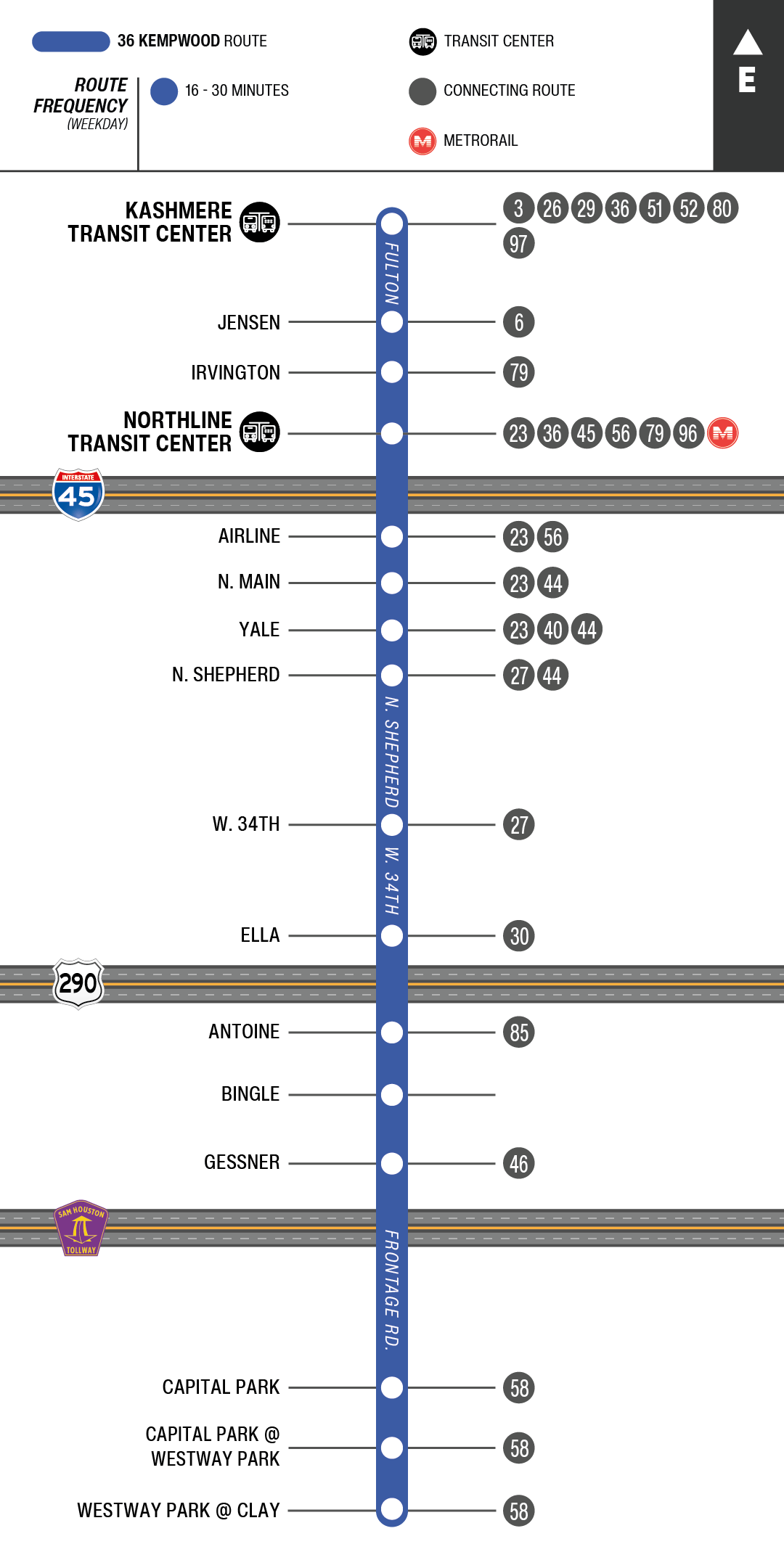 Route map for 36 Kempwood bus