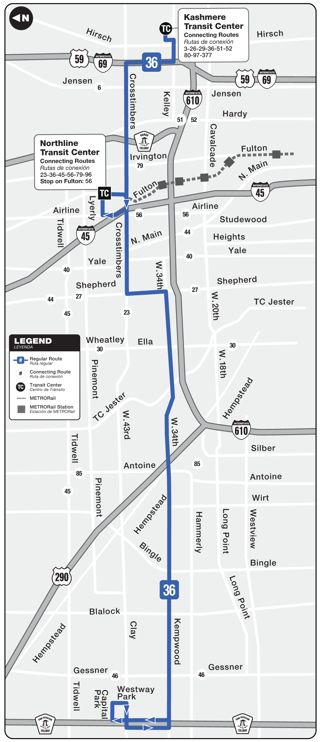 Route map for 36 Kempwood bus.