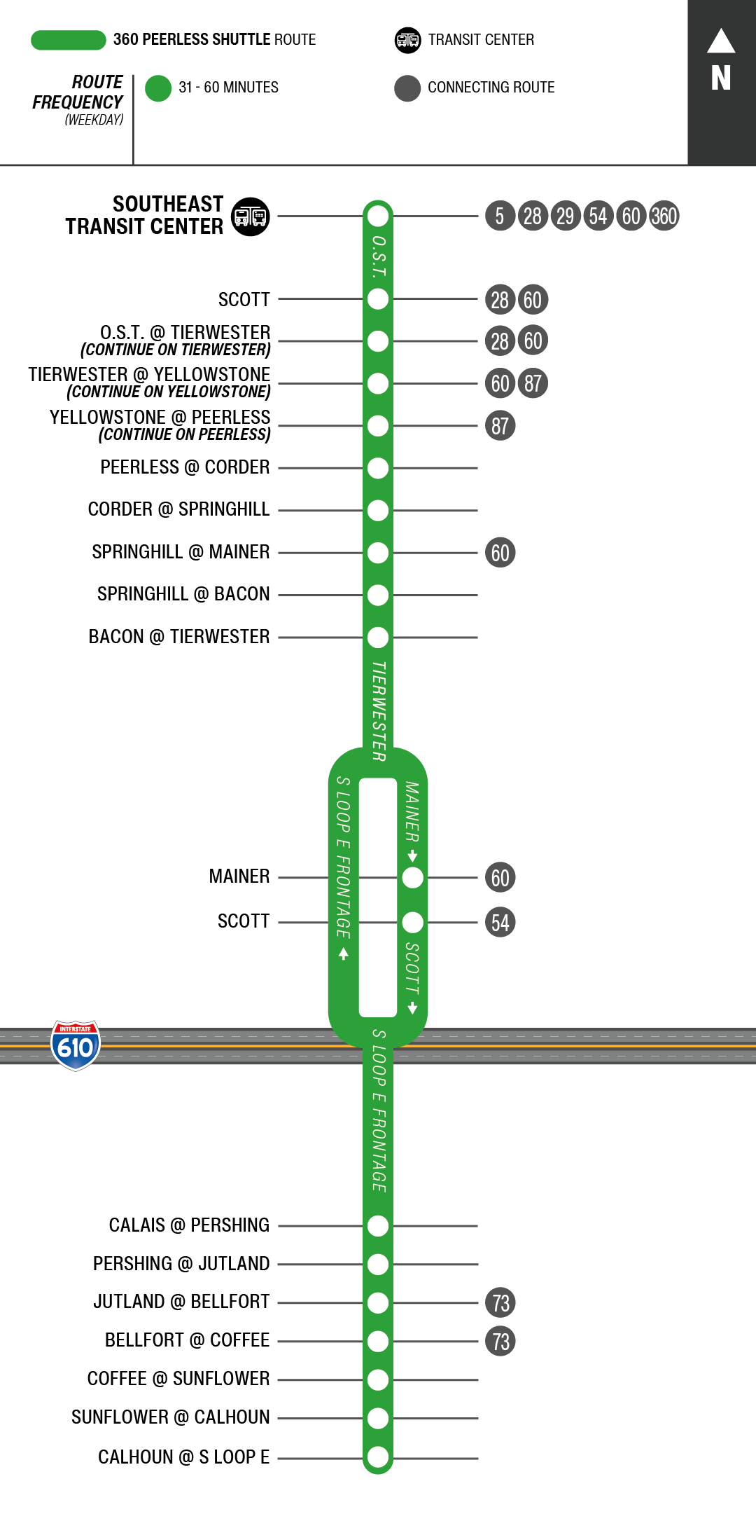 Route map for 360 Peerless Shuttle bus