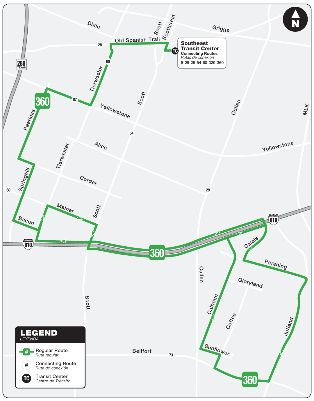 Route map for 360 Peerless Shuttle bus.