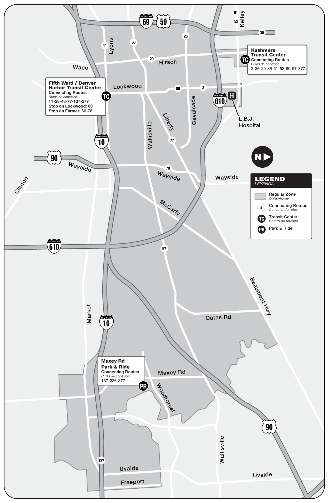 Route map for 377 Kashmere / Maxey Road - curb2curb shuttle