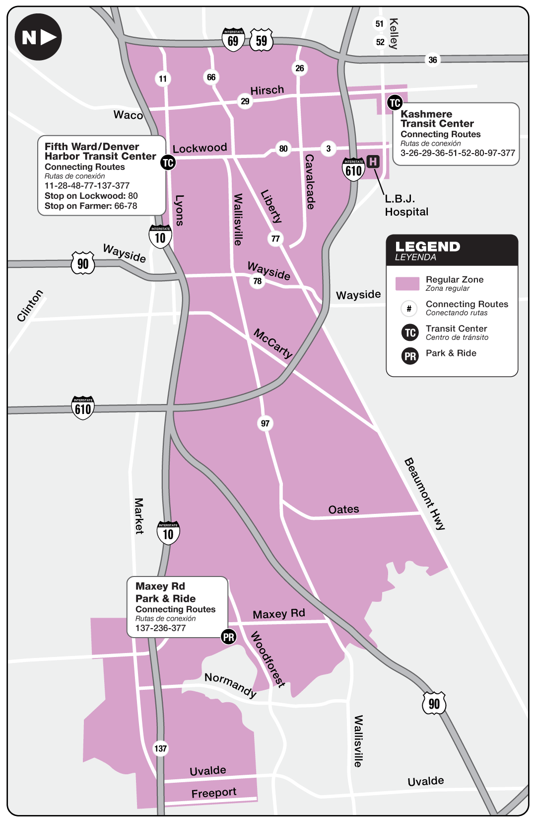 Route map for 377 Kashmere / Maxey Road - curb2curb shuttle.