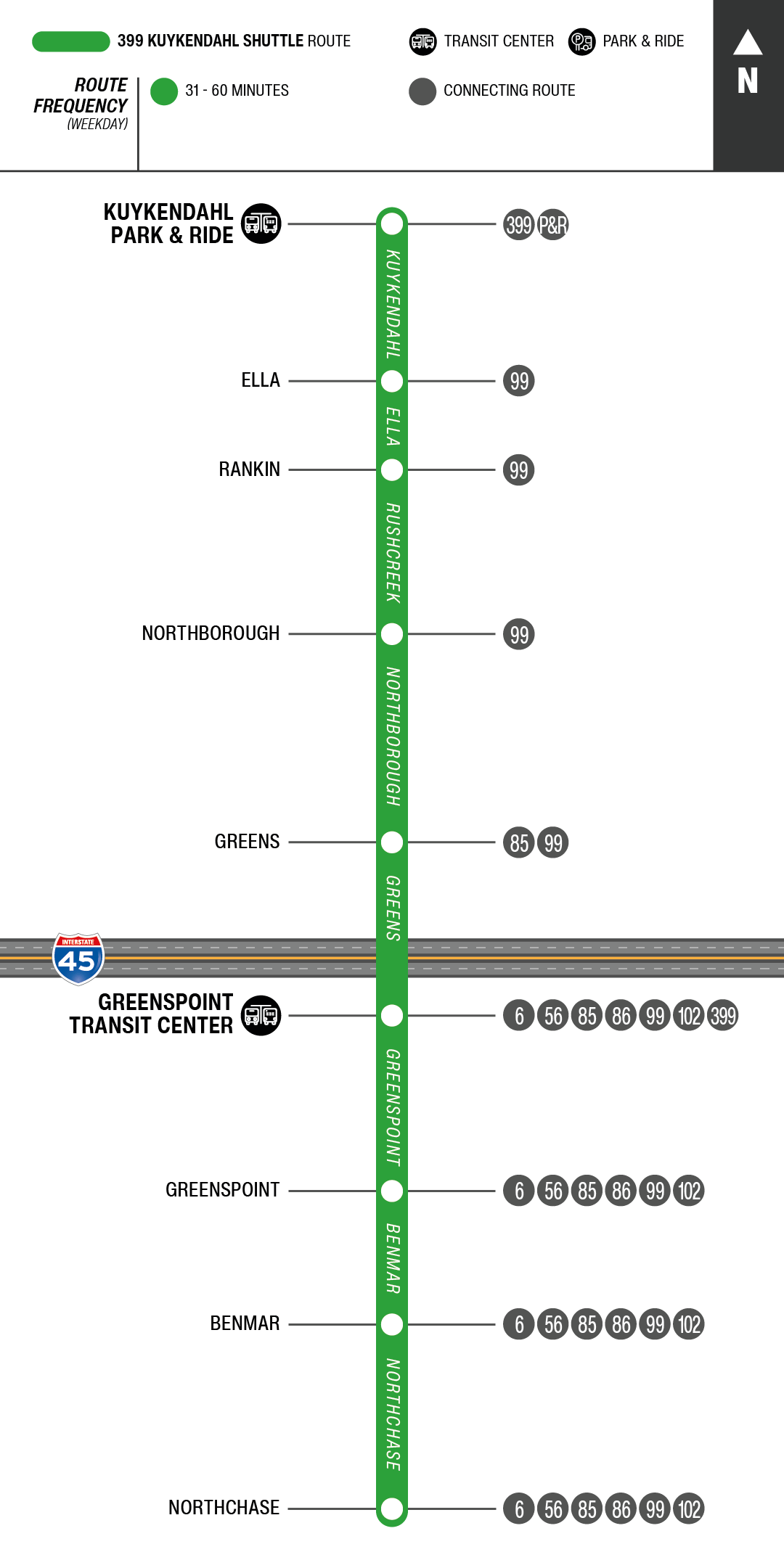 Route map for 399 Kuykendahl Shuttle bus