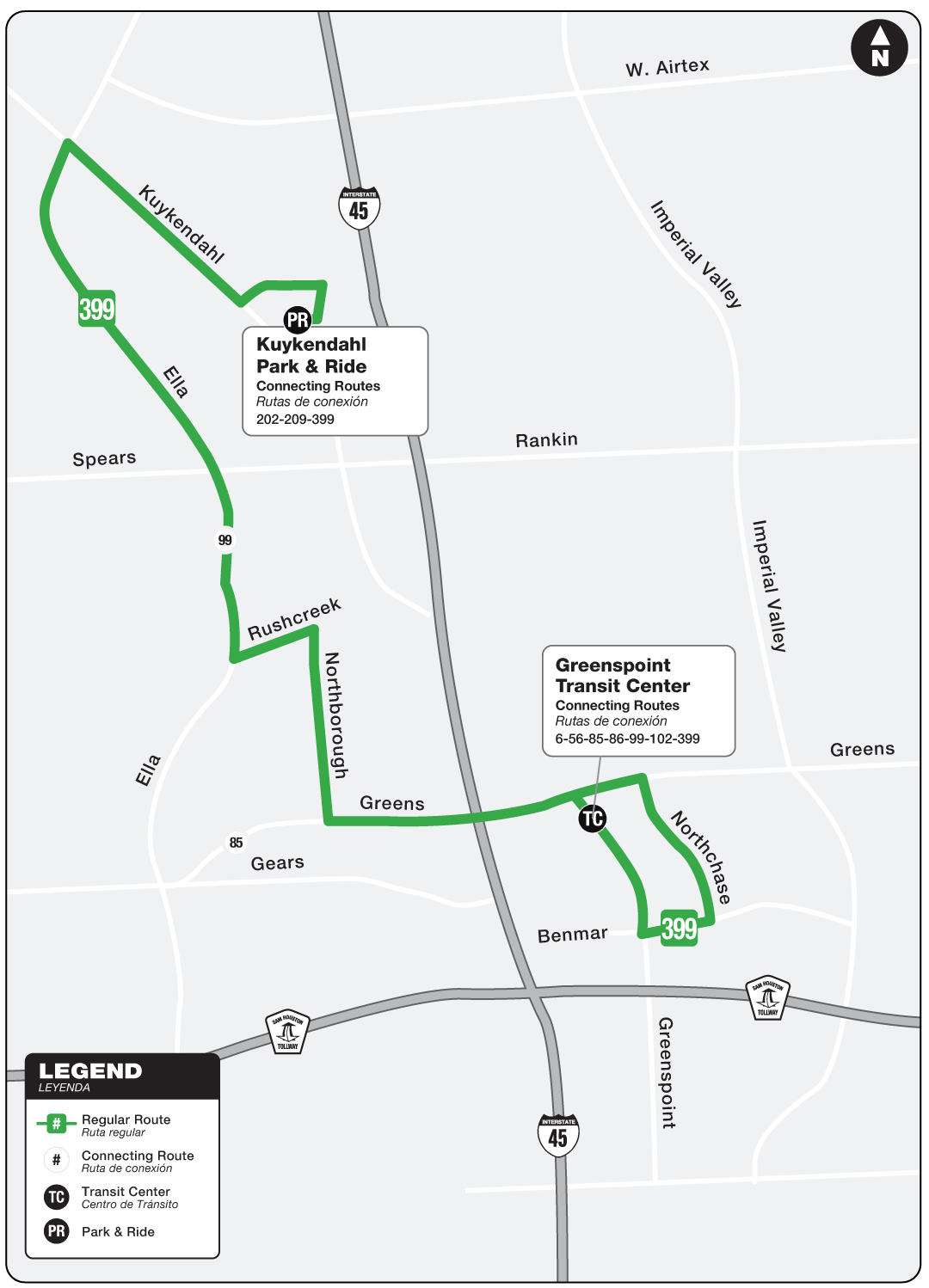 Route map for 399 Kuykendahl Shuttle bus.