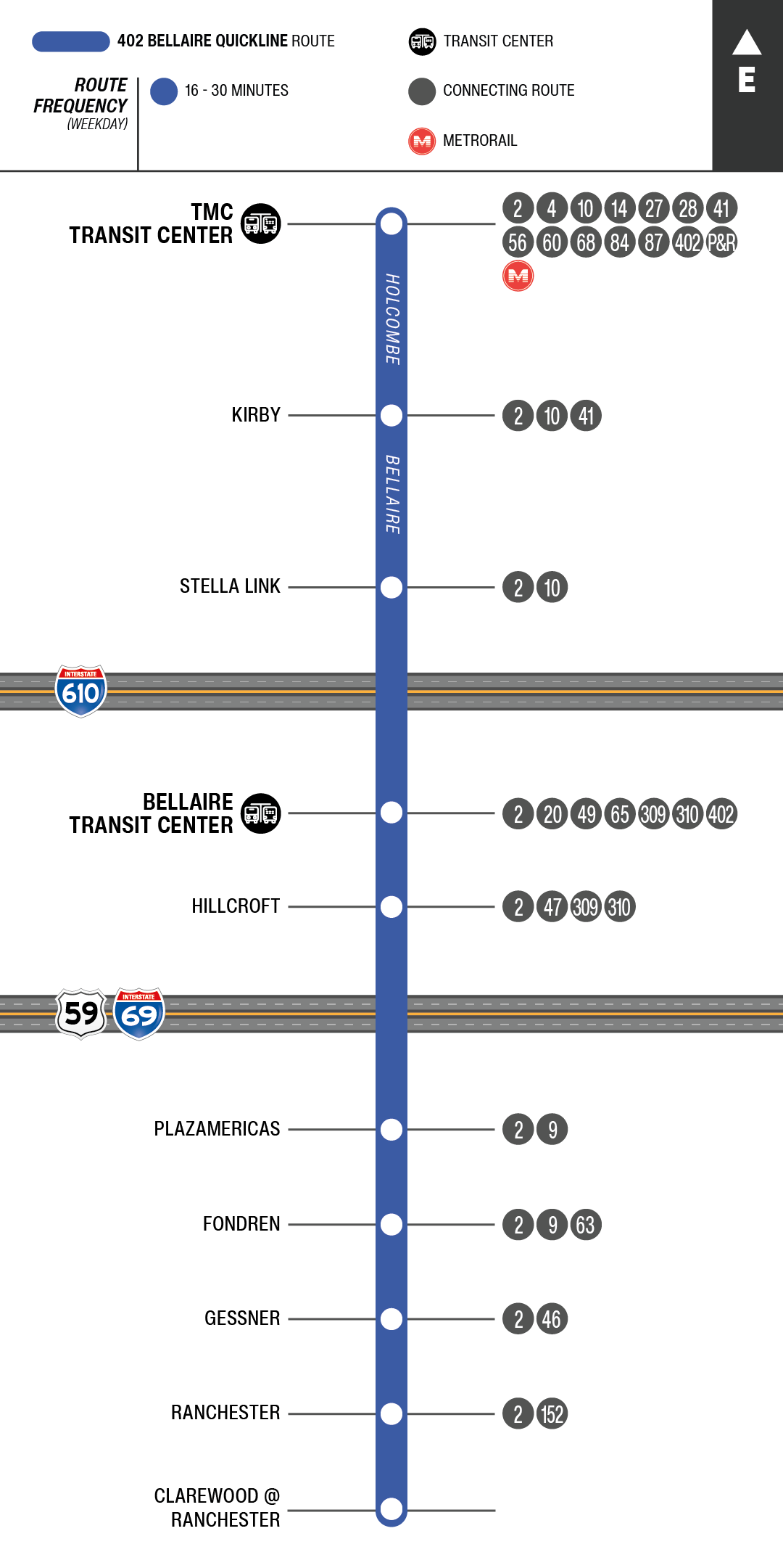 Route map for 402 Bellaire Quickline bus