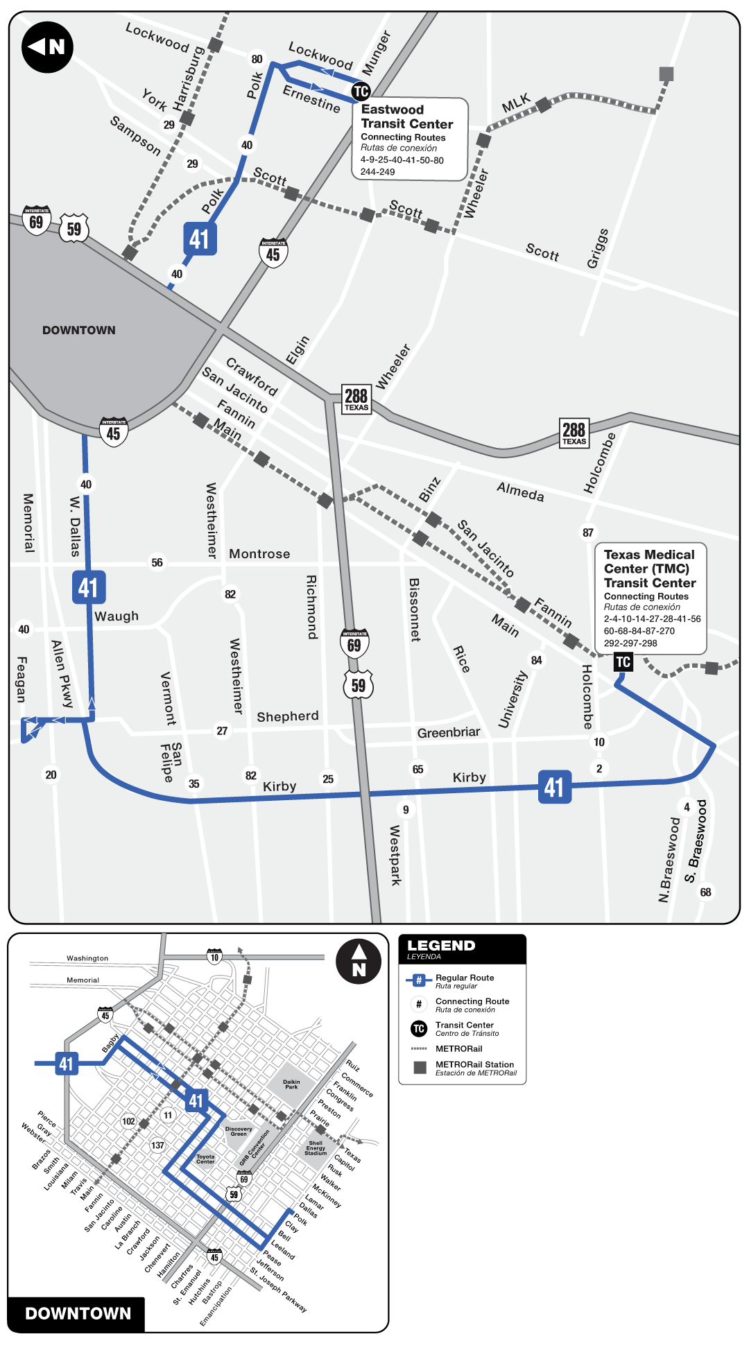 Route map for 41 Kirby / Polk bus
