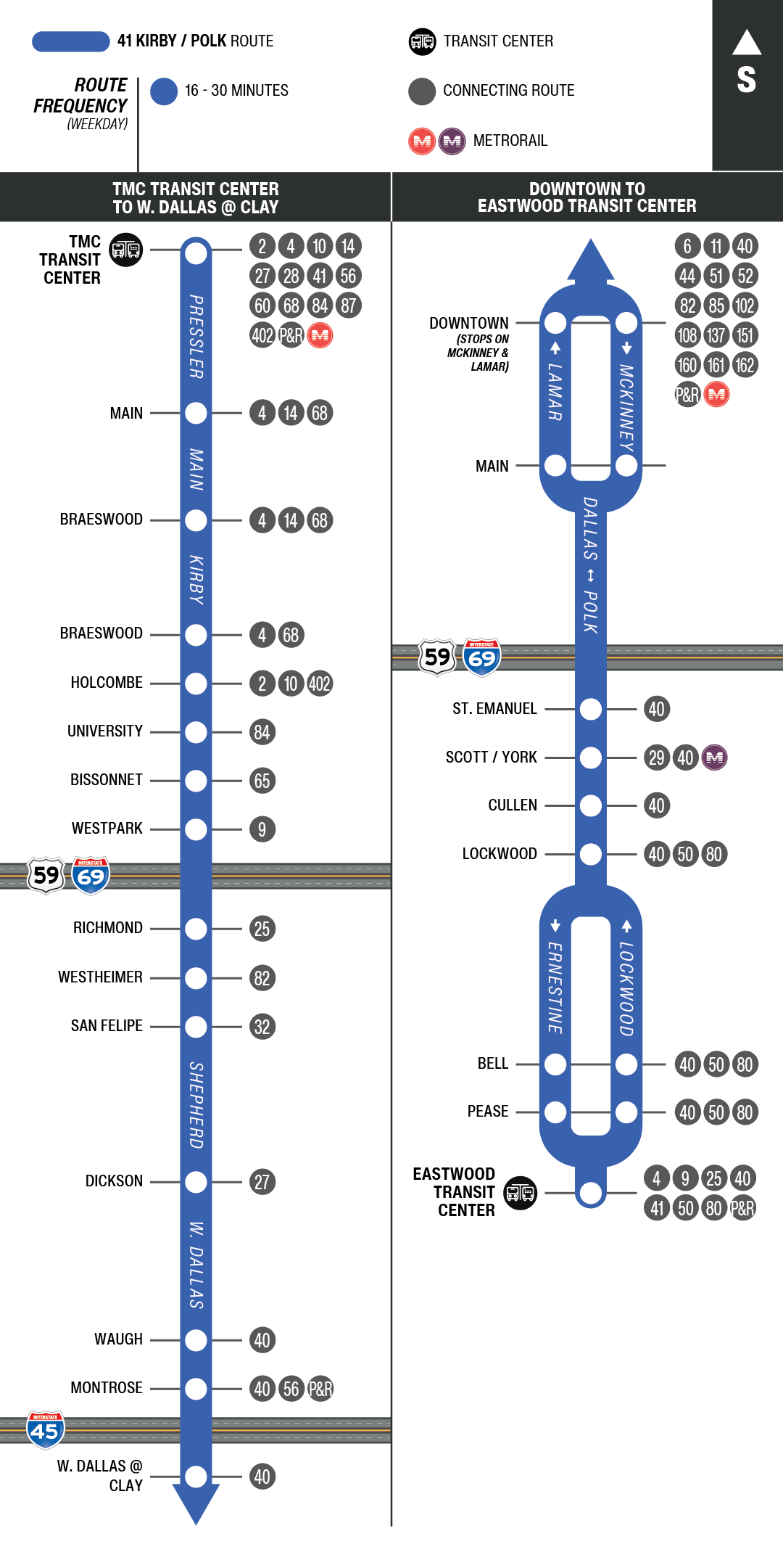 Route map for 41 Kirby / Polk bus