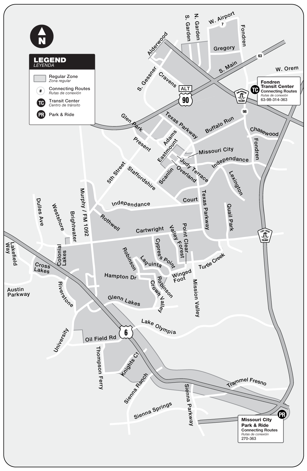 Route map for 363 Missouri City - curb2curb shuttle