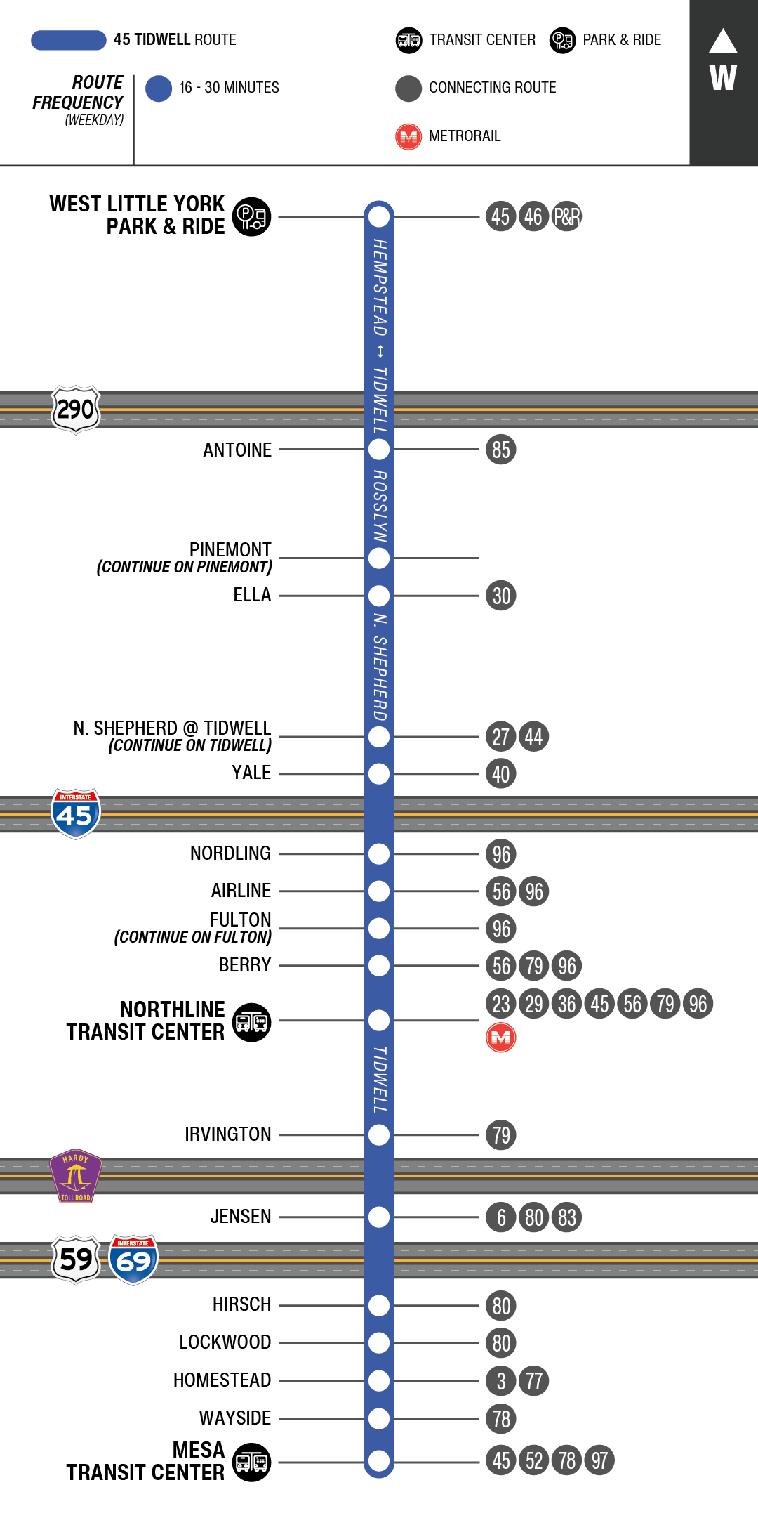 Route map for 45 Tidwell bus