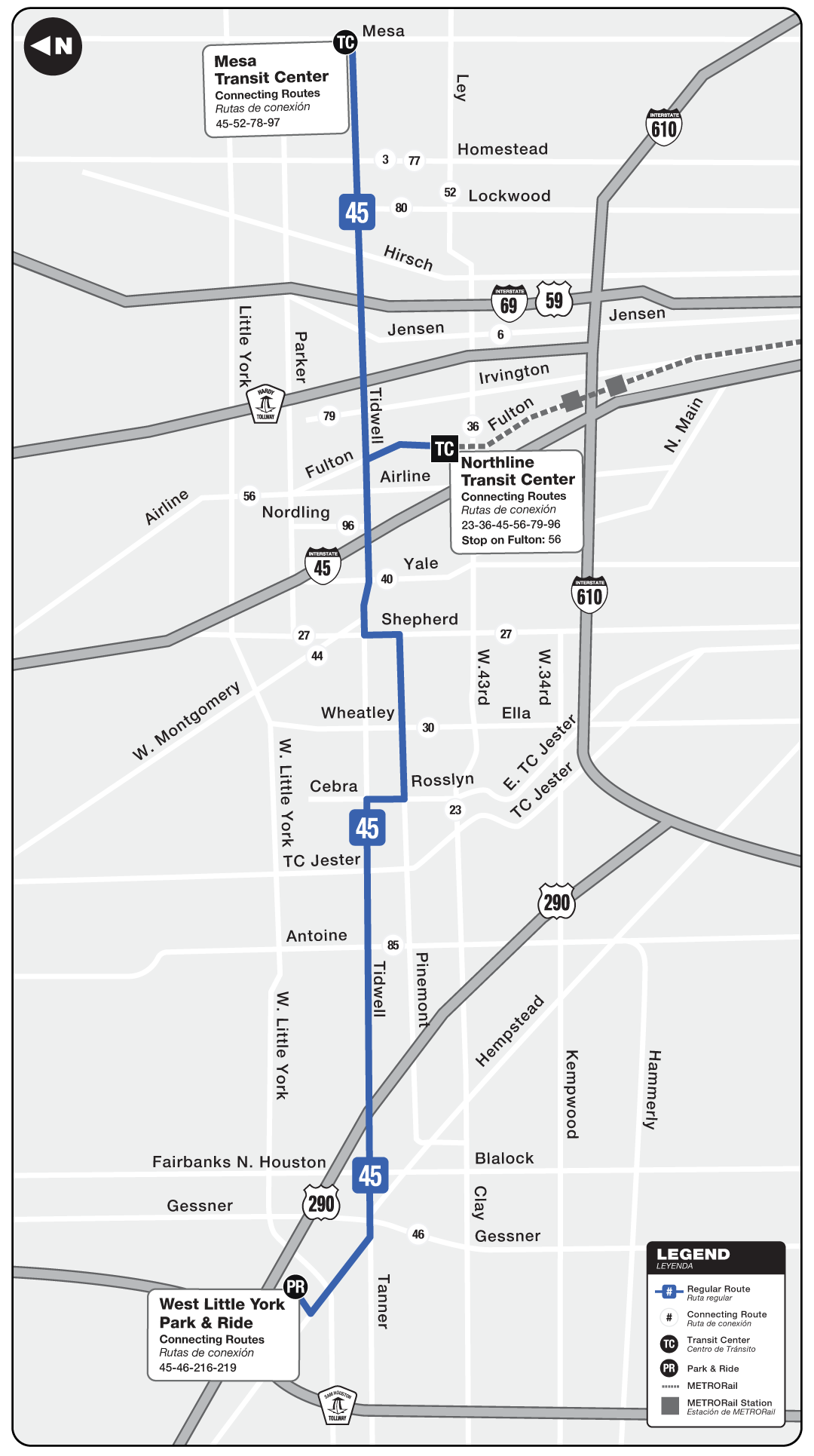 Route map for 45 Tidwell bus.