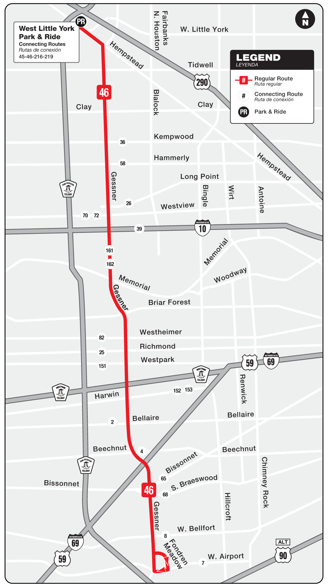 Route map for 46 Gessner bus.