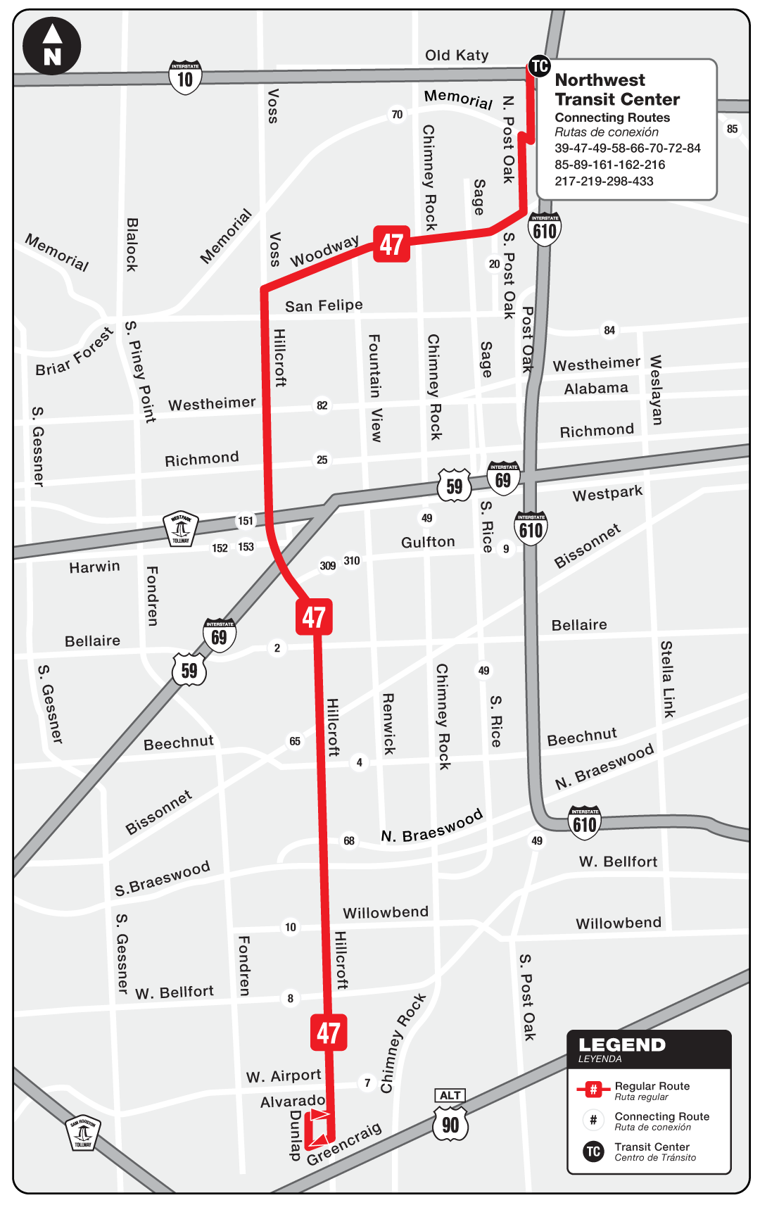 Route map for 47 Hillcroft bus.