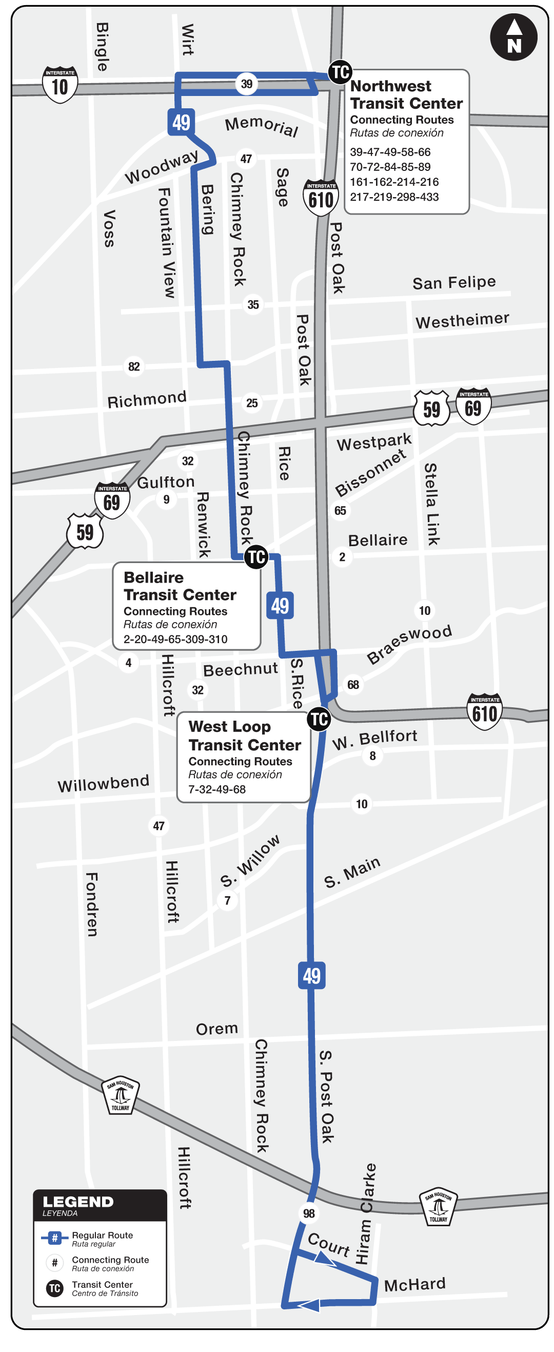 Route map for 49 Chimney Rock / S. Post Oak bus