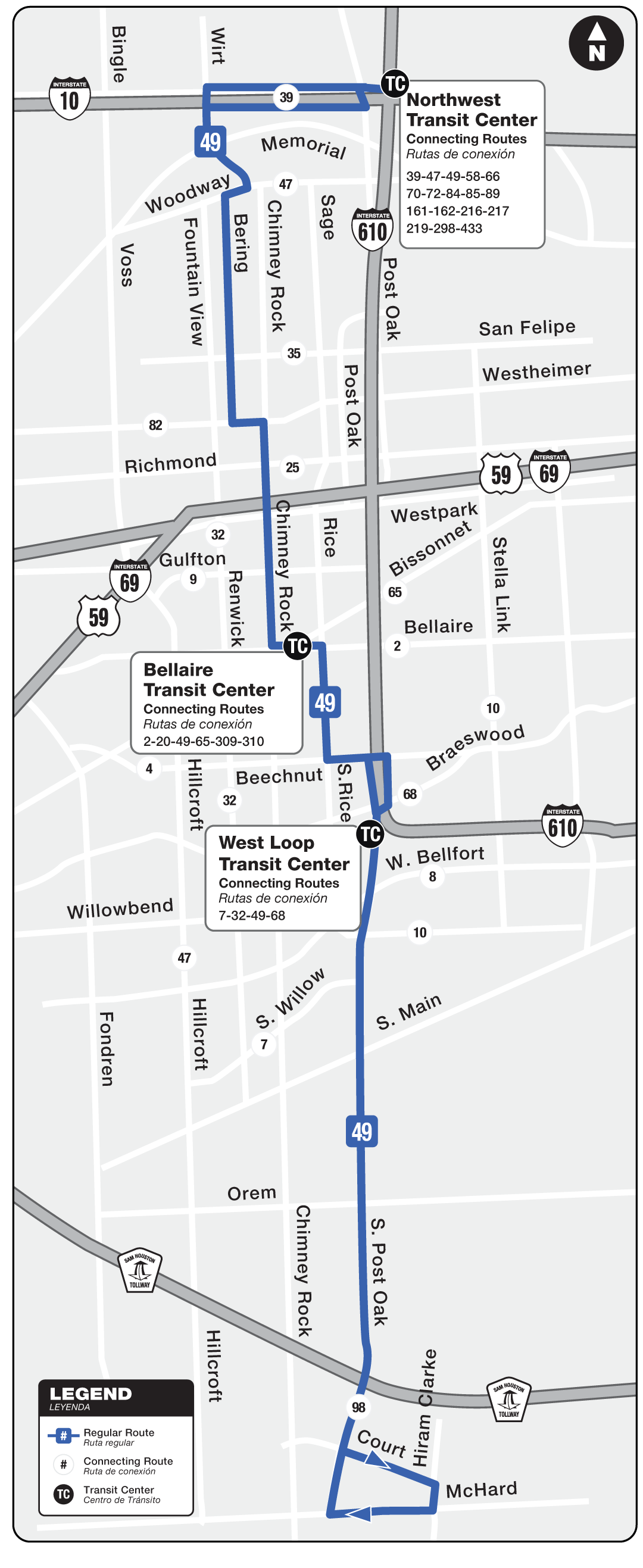 Route map for 49 Chimney Rock / S. Post Oak bus.
