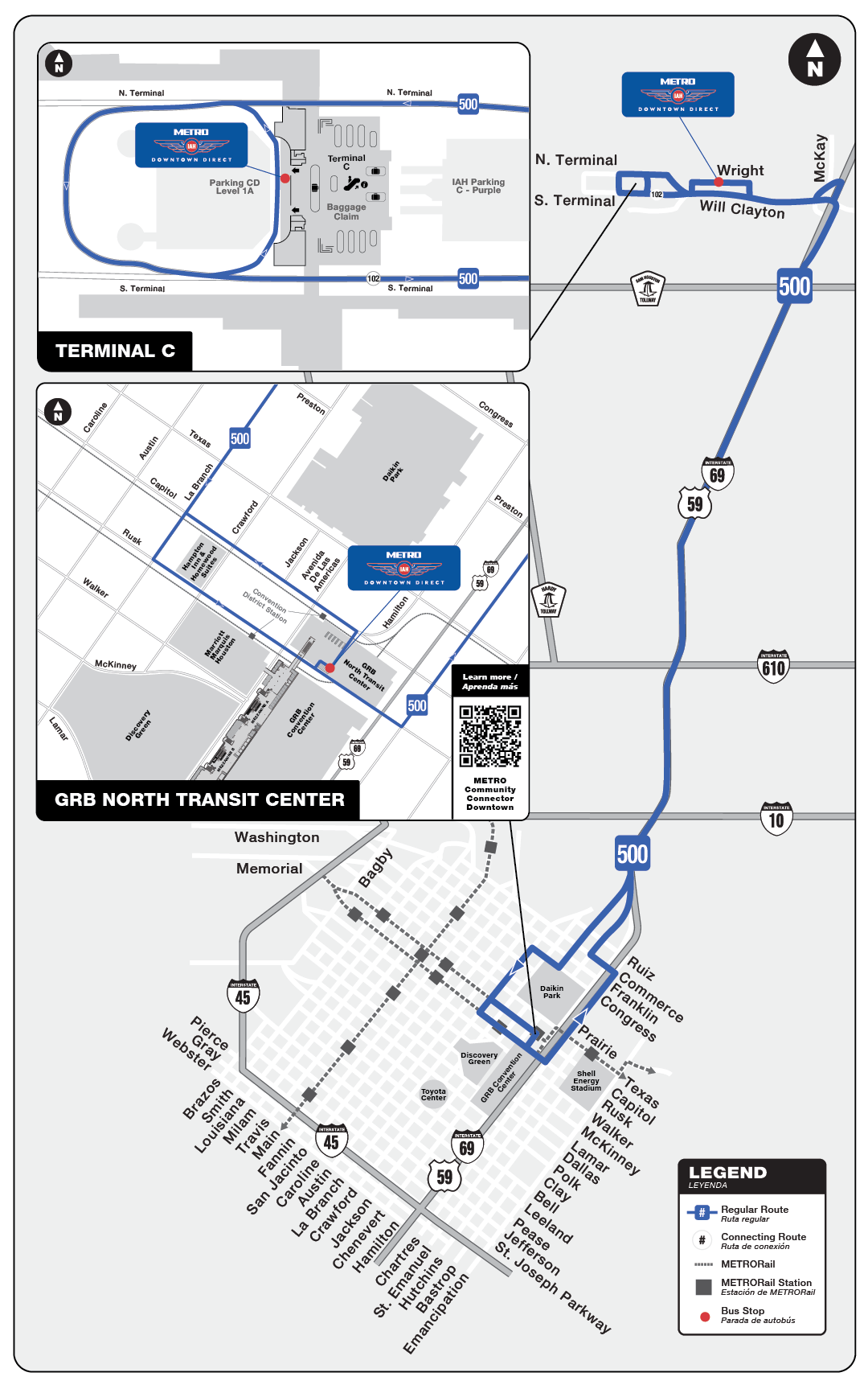 Route Map for 500 Downtown Direct bus.