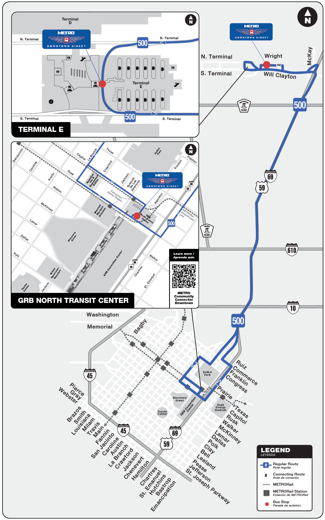 Route Map for 500 IAH Downtown Direct bus