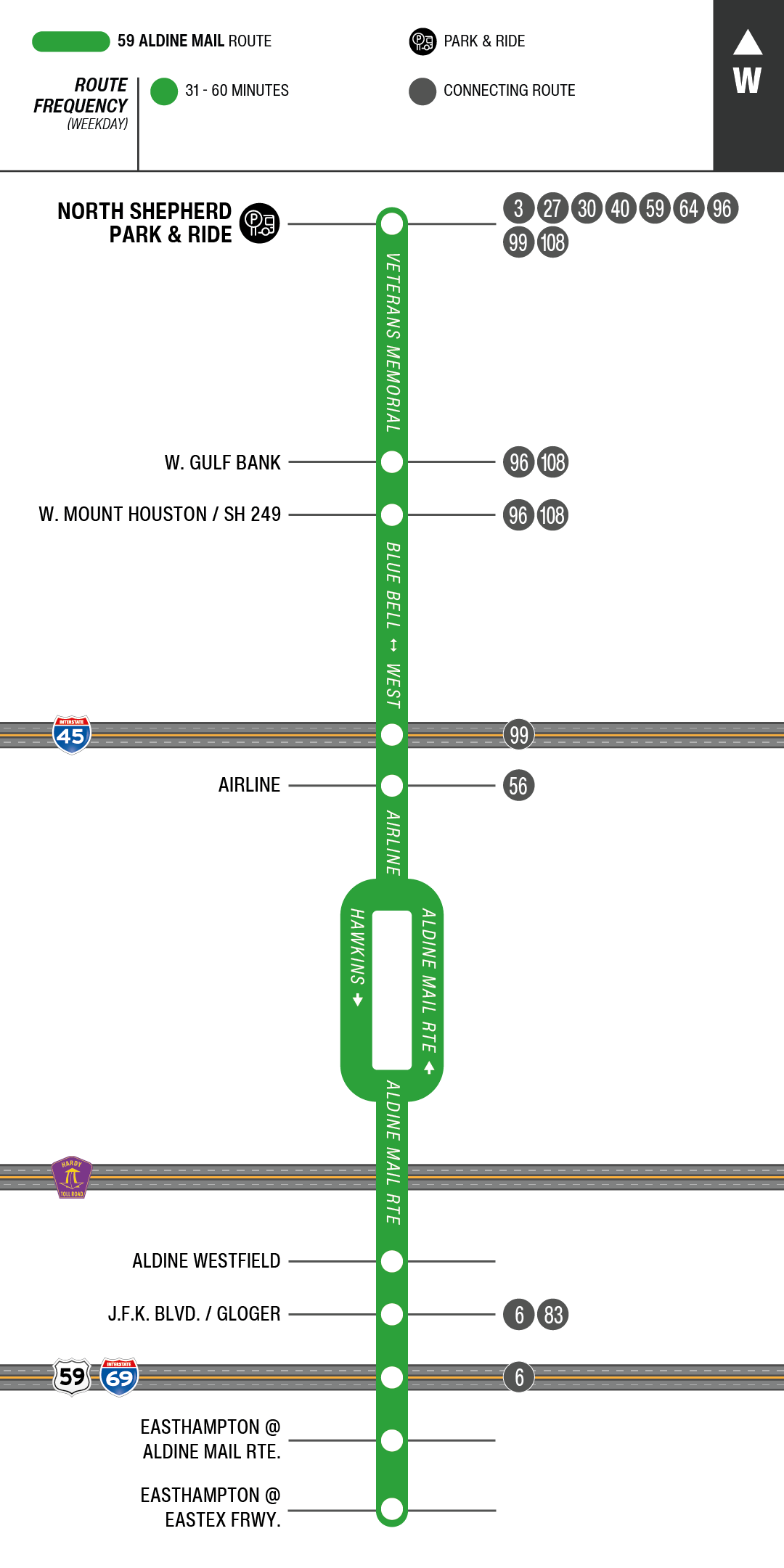 Route map for 59 Aldine Mail bus