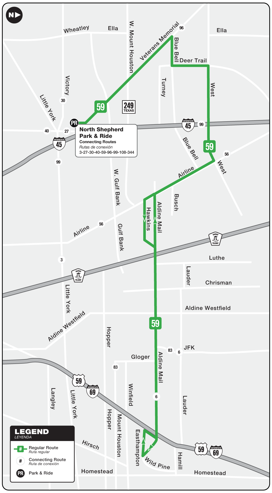 Route map for 59 Aldine Mail bus.