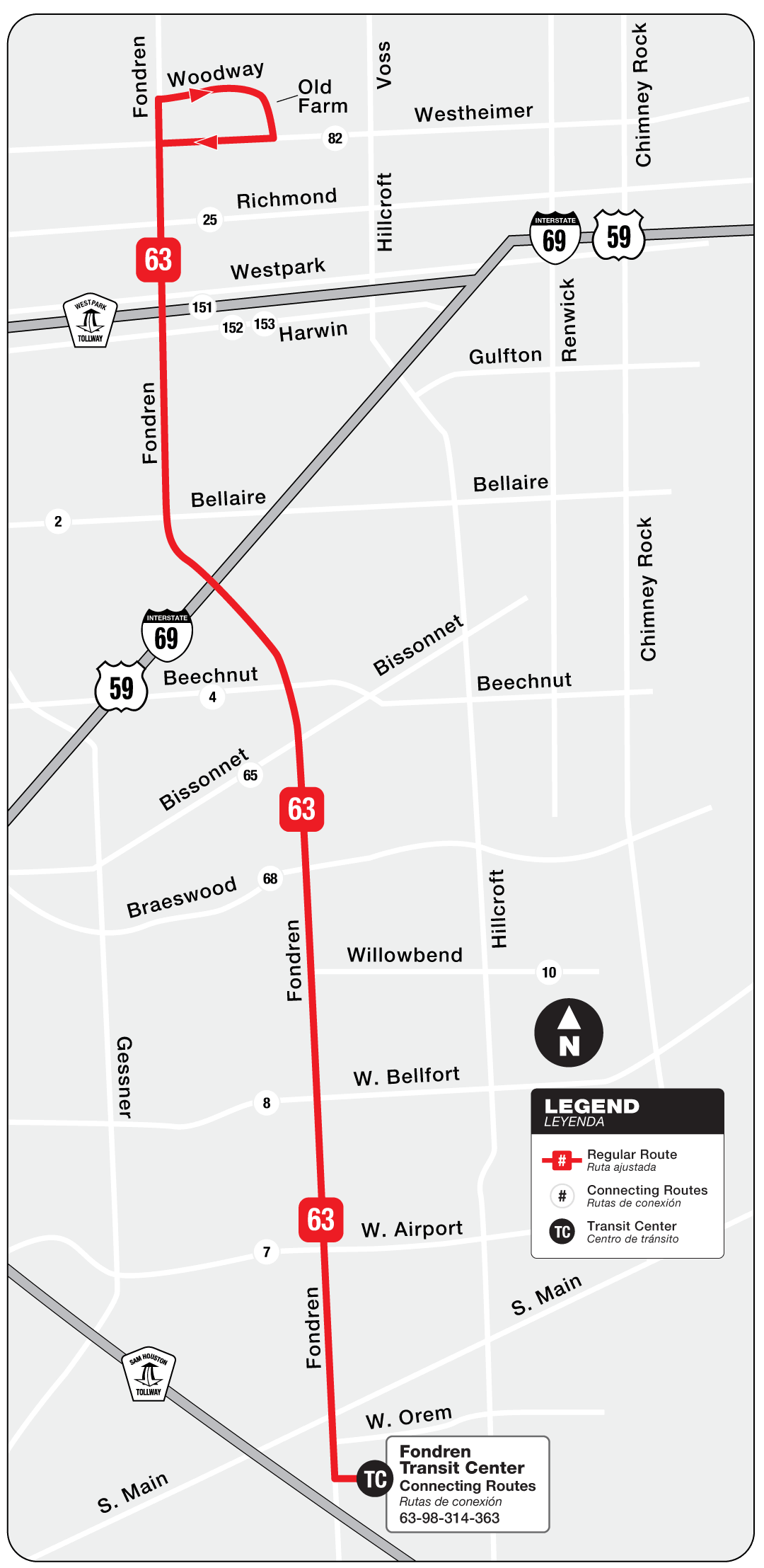 Route map for 63 Fondren bus
