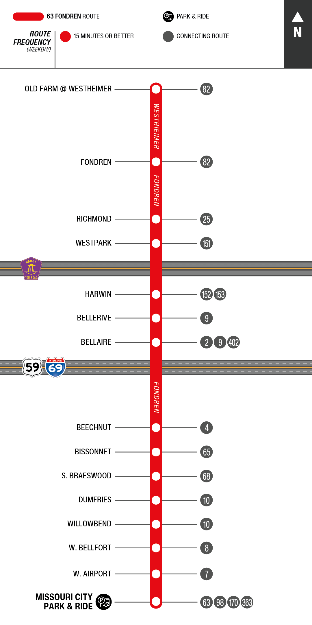 Route map for 63 Fondren bus