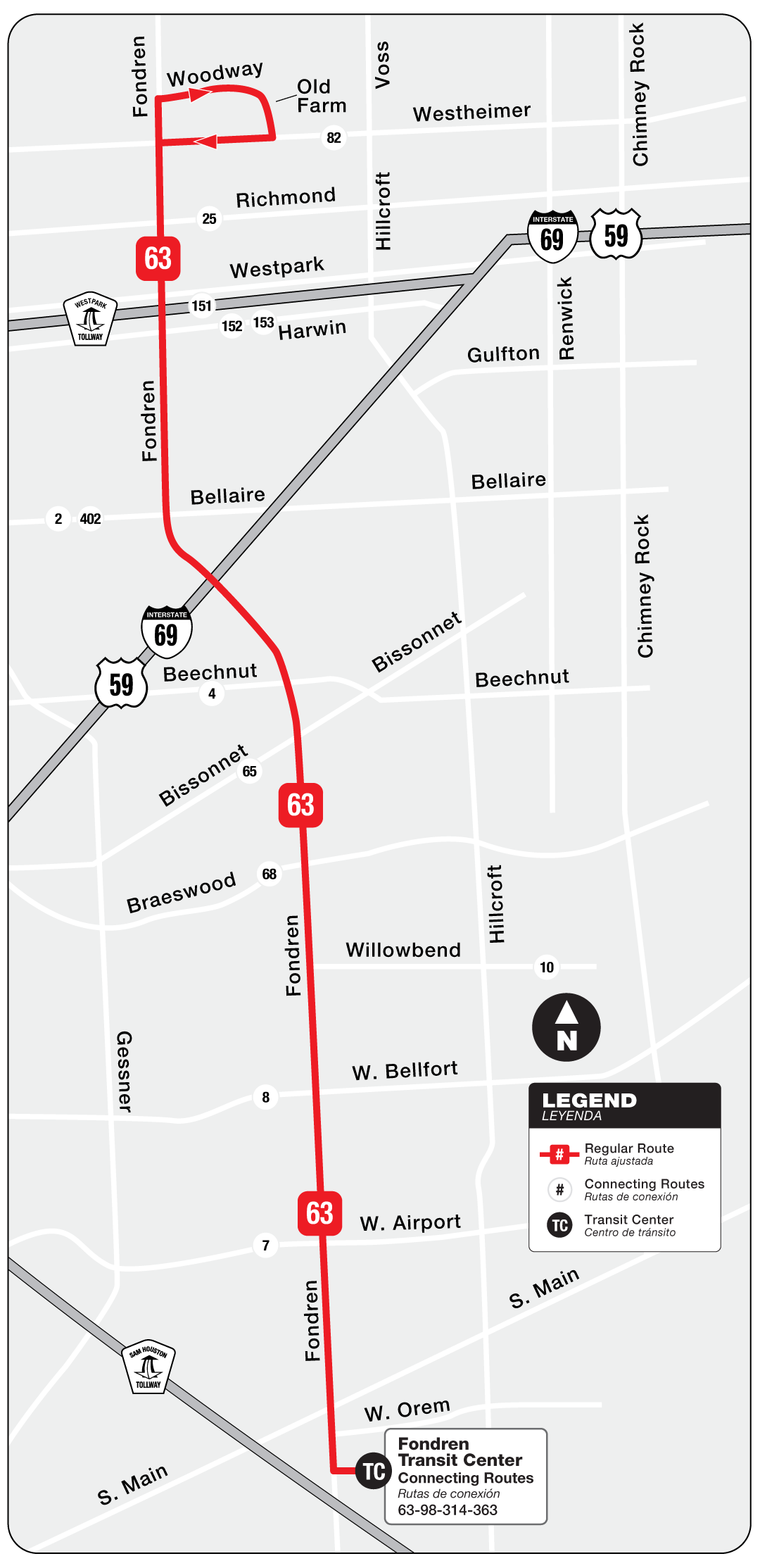 Route map for 63 Fondren bus