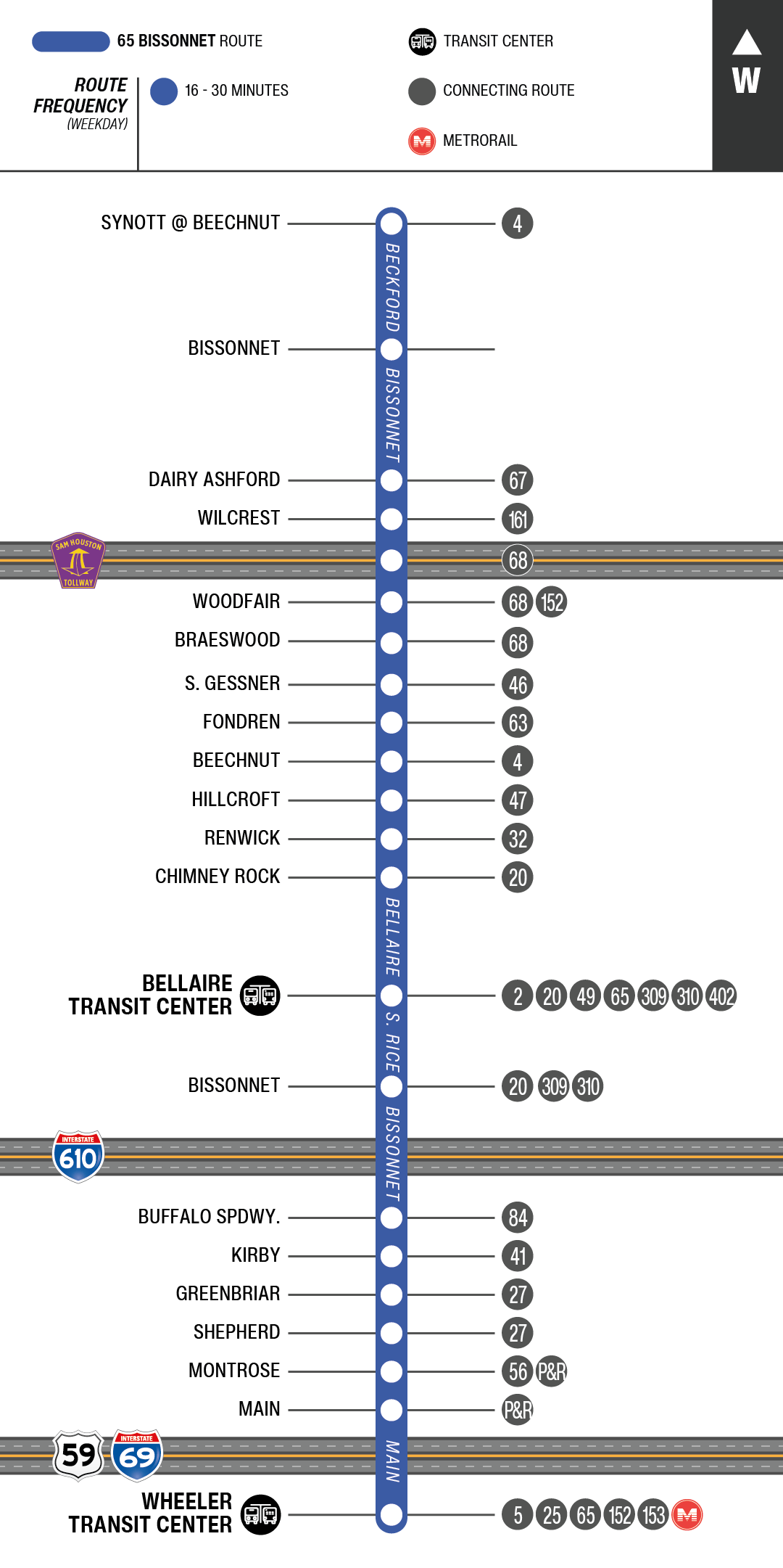 Route map for 65 Bissonnet bus