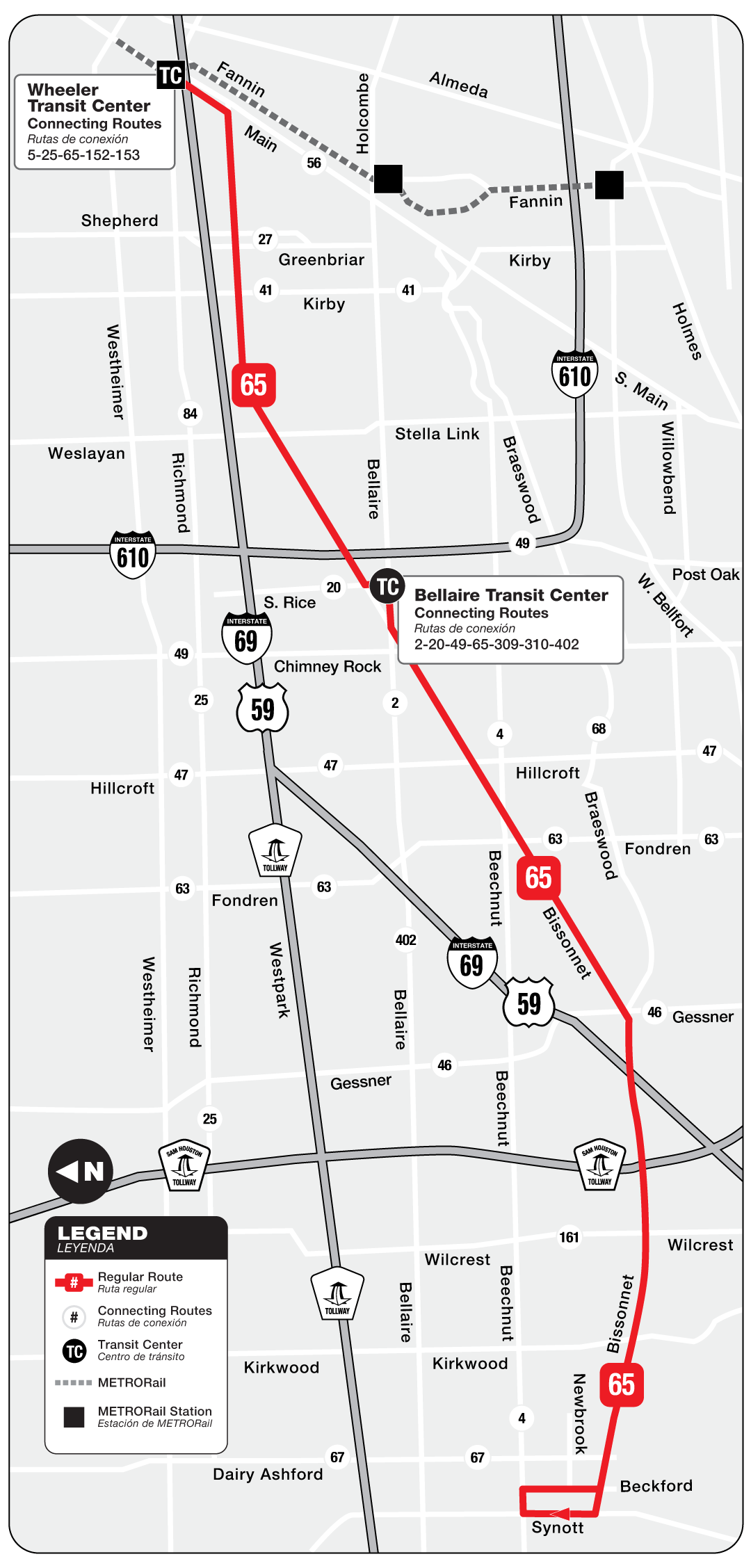 Route map for 65 Bissonnet bus