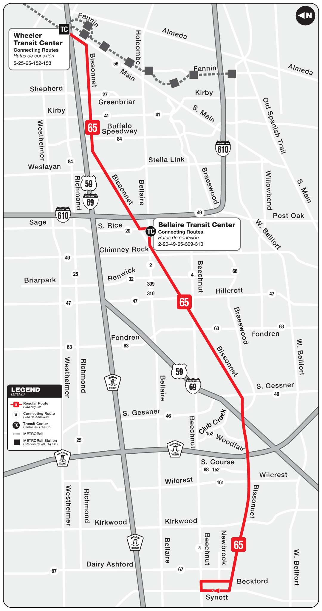 Route map for 65 Bissonnet bus